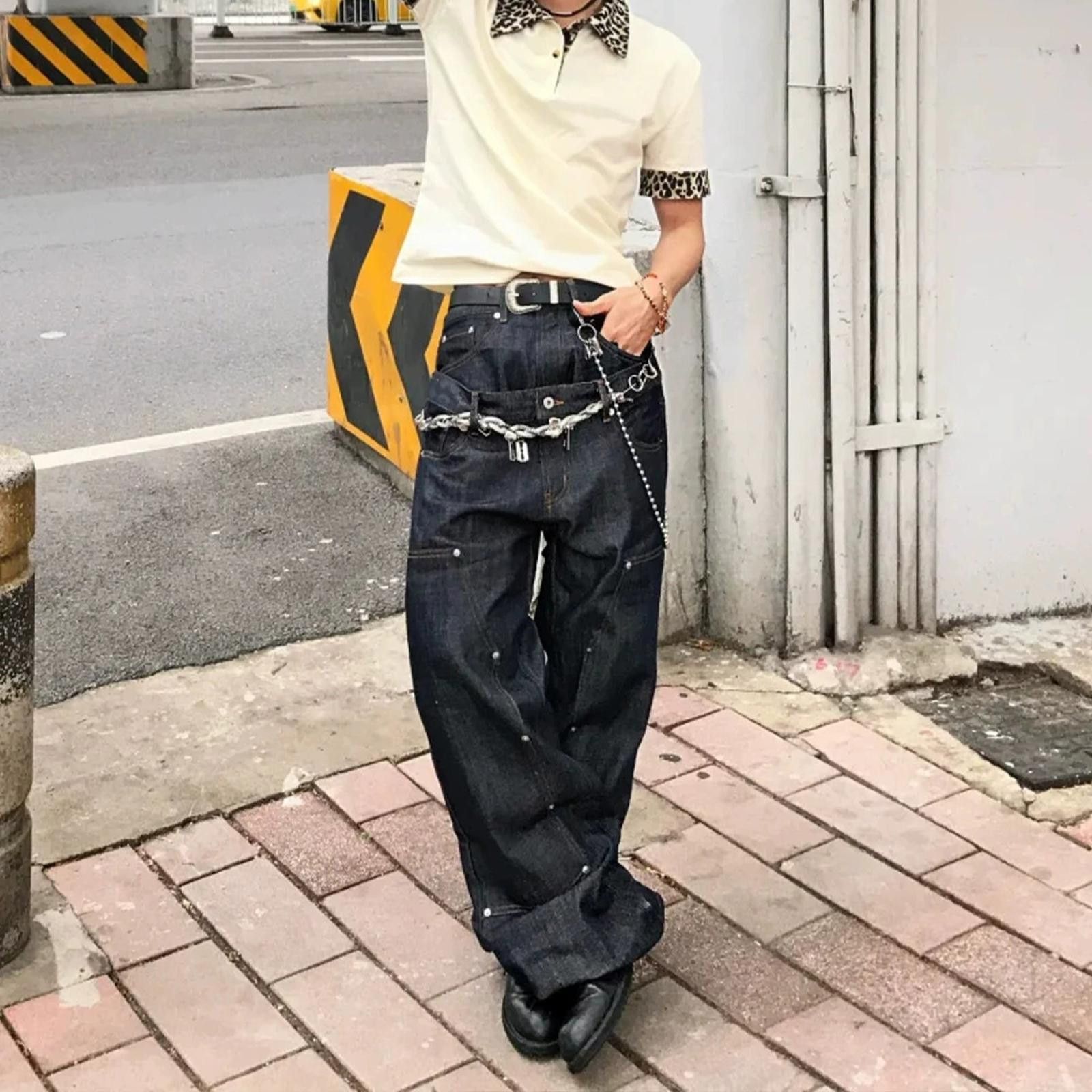 Jean Double Waist Wide Leg Raw Button Stud Denim Jeans Size US 32 / EU 48 - 2 Thumbnail