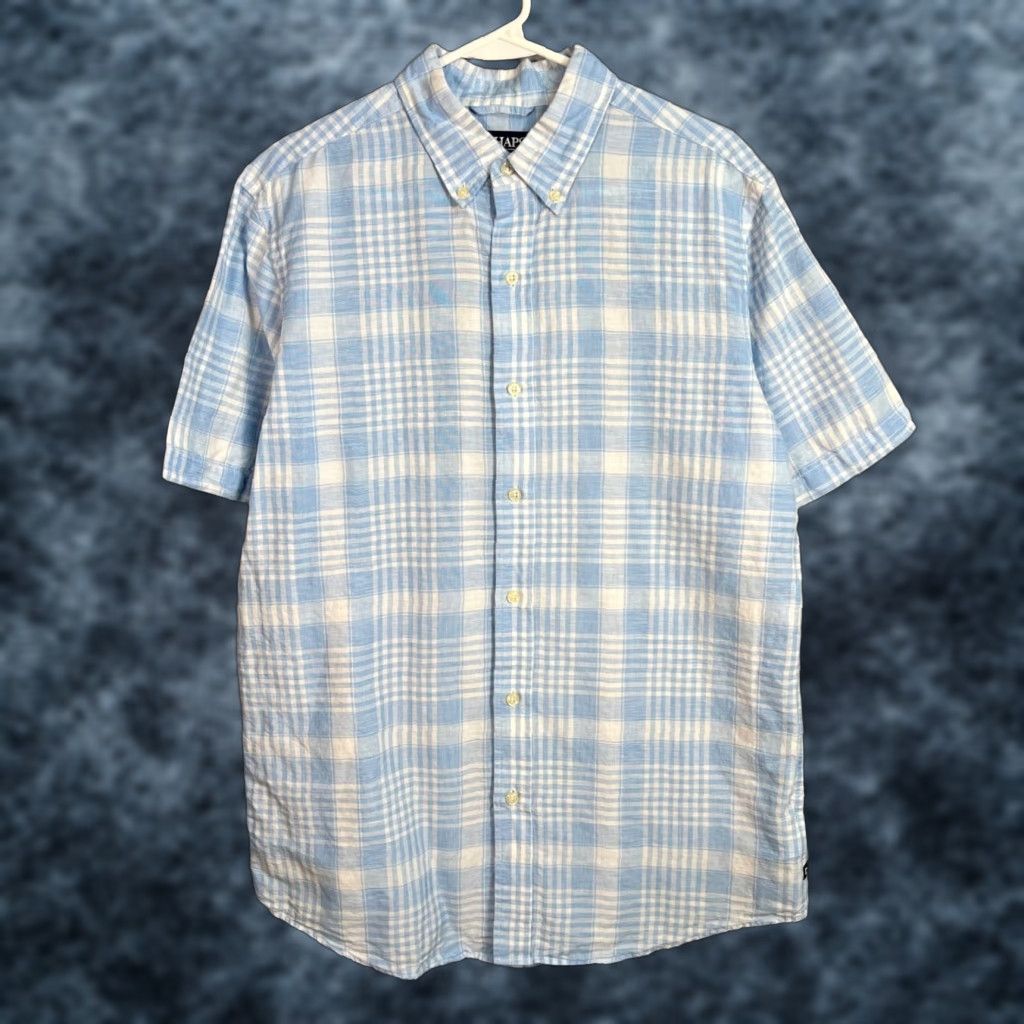 Chaps Mens Medium Blue Plaid Short Sleeve Button-Down Shirt Linen/Cotton Blend Shirt Mens M Blue Plaid Button-Up Casual Mens