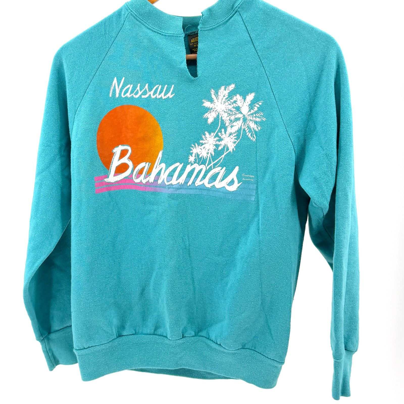 Jerzees Vintage 90s Teal Graphic Nassau Sunset Raglan Sweatshirt Size M / US 6-8 / IT 42-44 - 1 Thumbnail