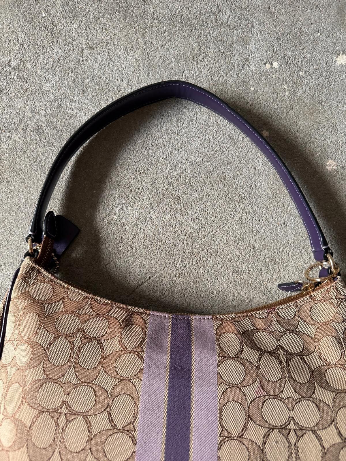 Coach Coach Signature Hobo Stripe Canvas Shoulder Bag Beige/Purple Size ONE SIZE - 8 Thumbnail