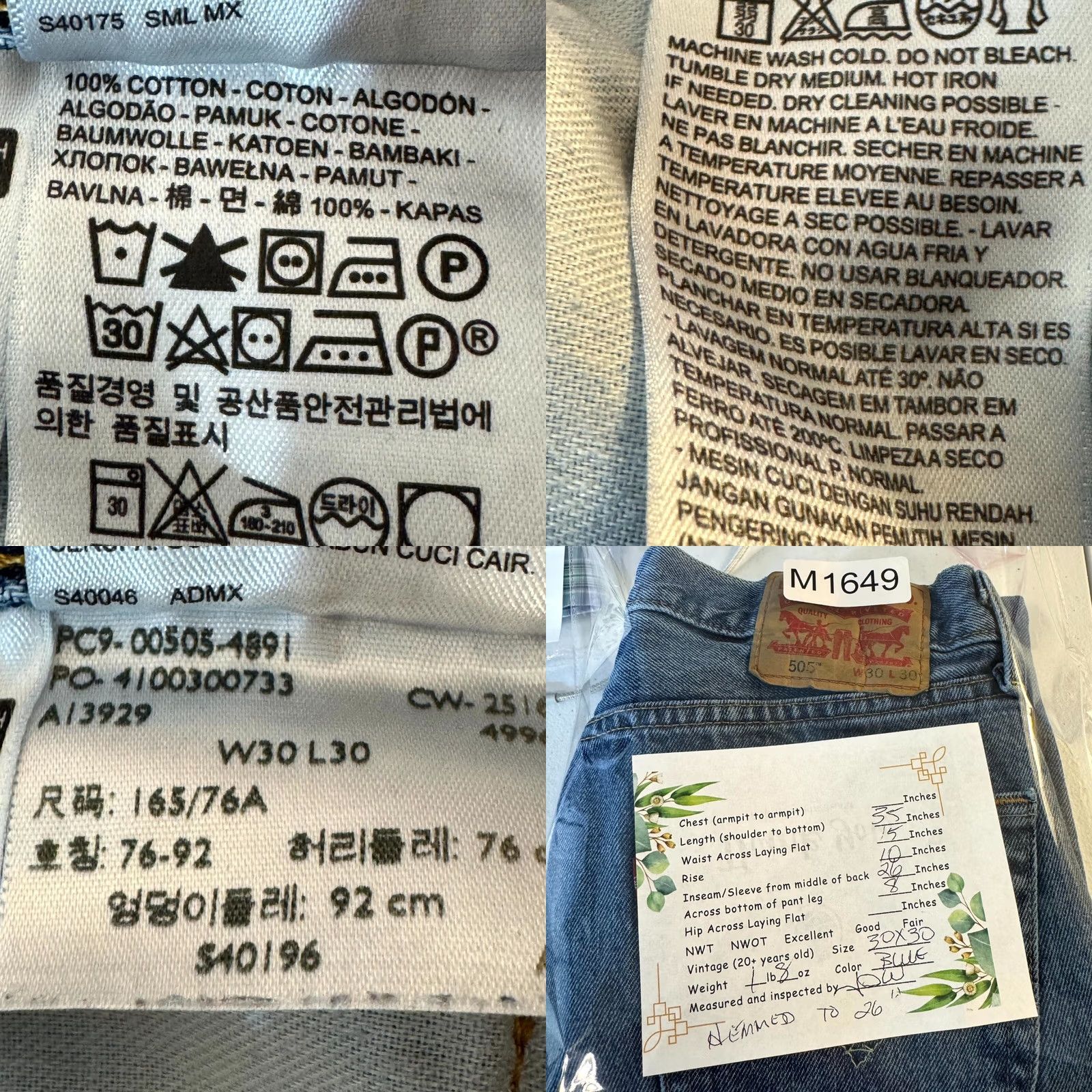 Levi's VINTAGE? No. Levi's 505 Jeans Men 30 X 30 Blue Denim Mid-Rise Regular Fit Straight Leg M1649 Size US 30 / EU 46 - 9 Thumbnail