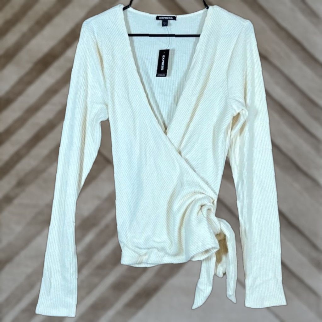 Express Express Sweater Women Cream Deep V Wrap Tie Waist Long Sleeve Knit Stretch L Size L / US 10 / IT 46 - 1 Thumbnail