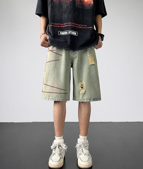 Japanese Brand Men's loose-fitting distressed casual ripped denim shorts Size US 32 / EU 48 - 1 Thumbnail