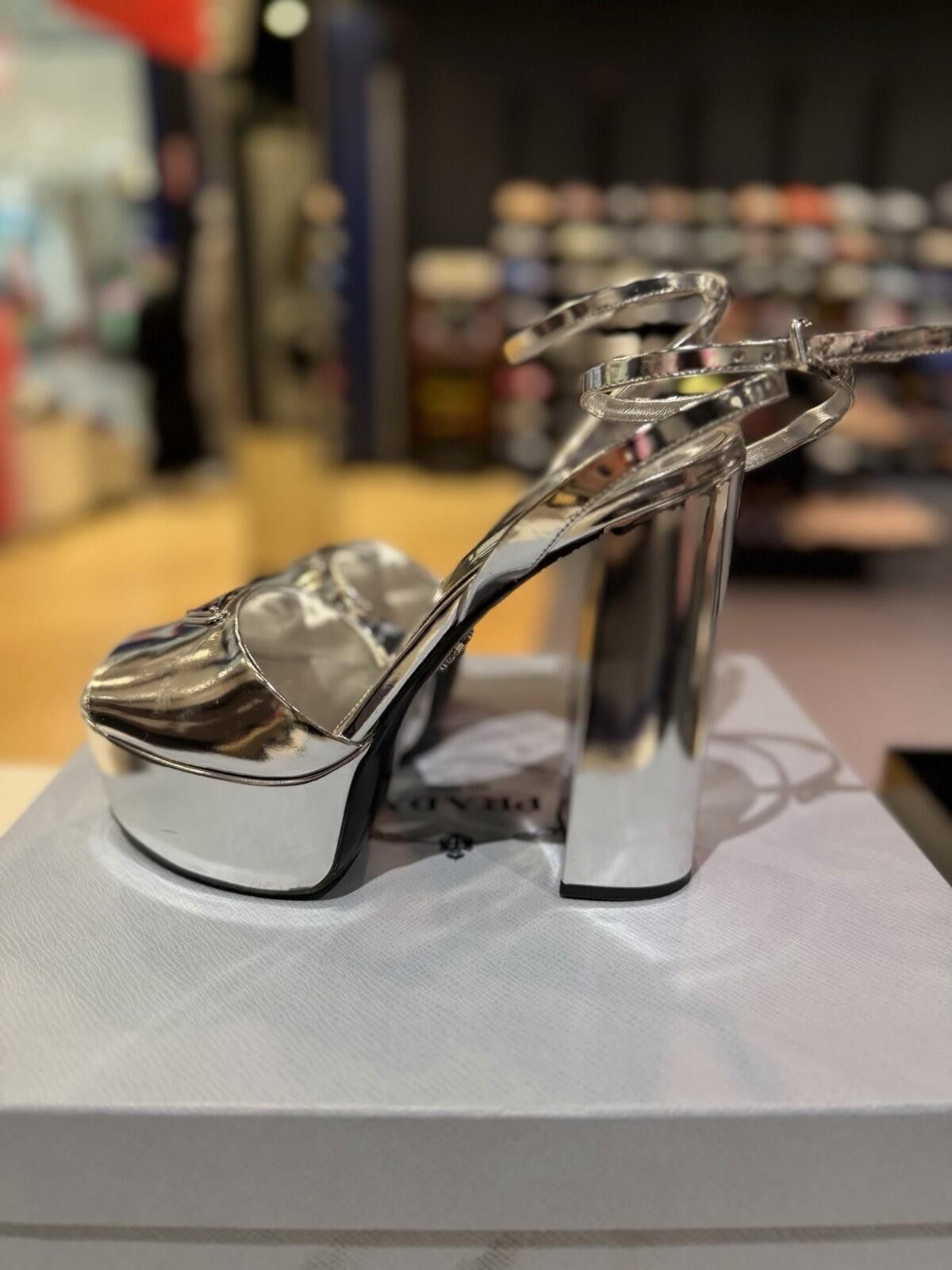 Prada Prada 135mm Metallic Silver Logo Platform Sandal Heel 39.5EU Size US 9.5 / IT 39.5 - 8 Thumbnail