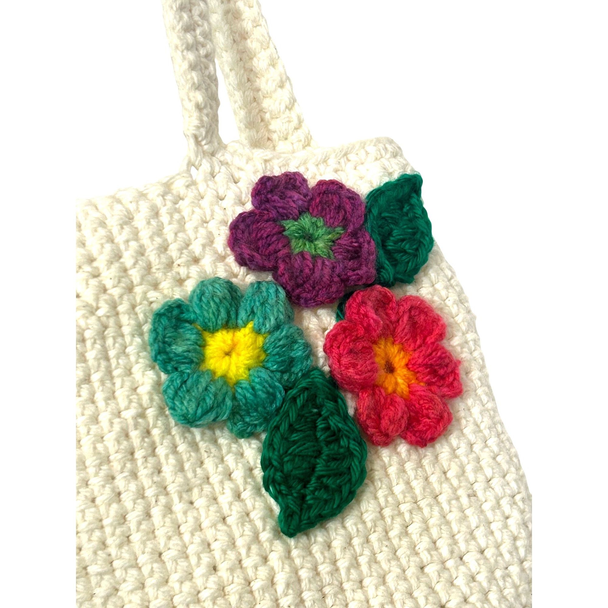 Other Crocheted Tote Bag Vintage Cream Handmade Floral Appliqués S Size ONE SIZE - 4 Thumbnail