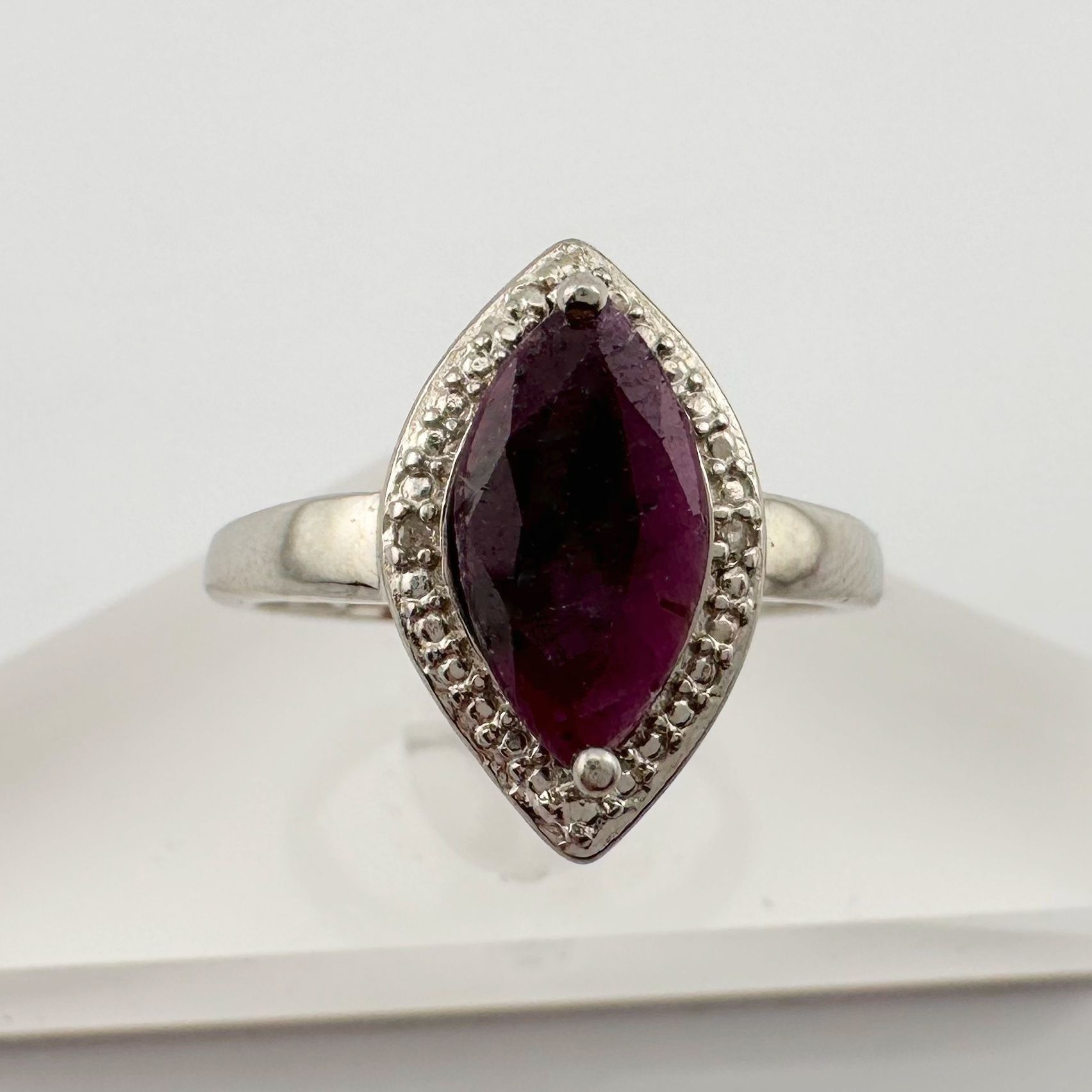 Marquise Cut Garnet & Diamond Ring - Sterling Silver - Sz 7