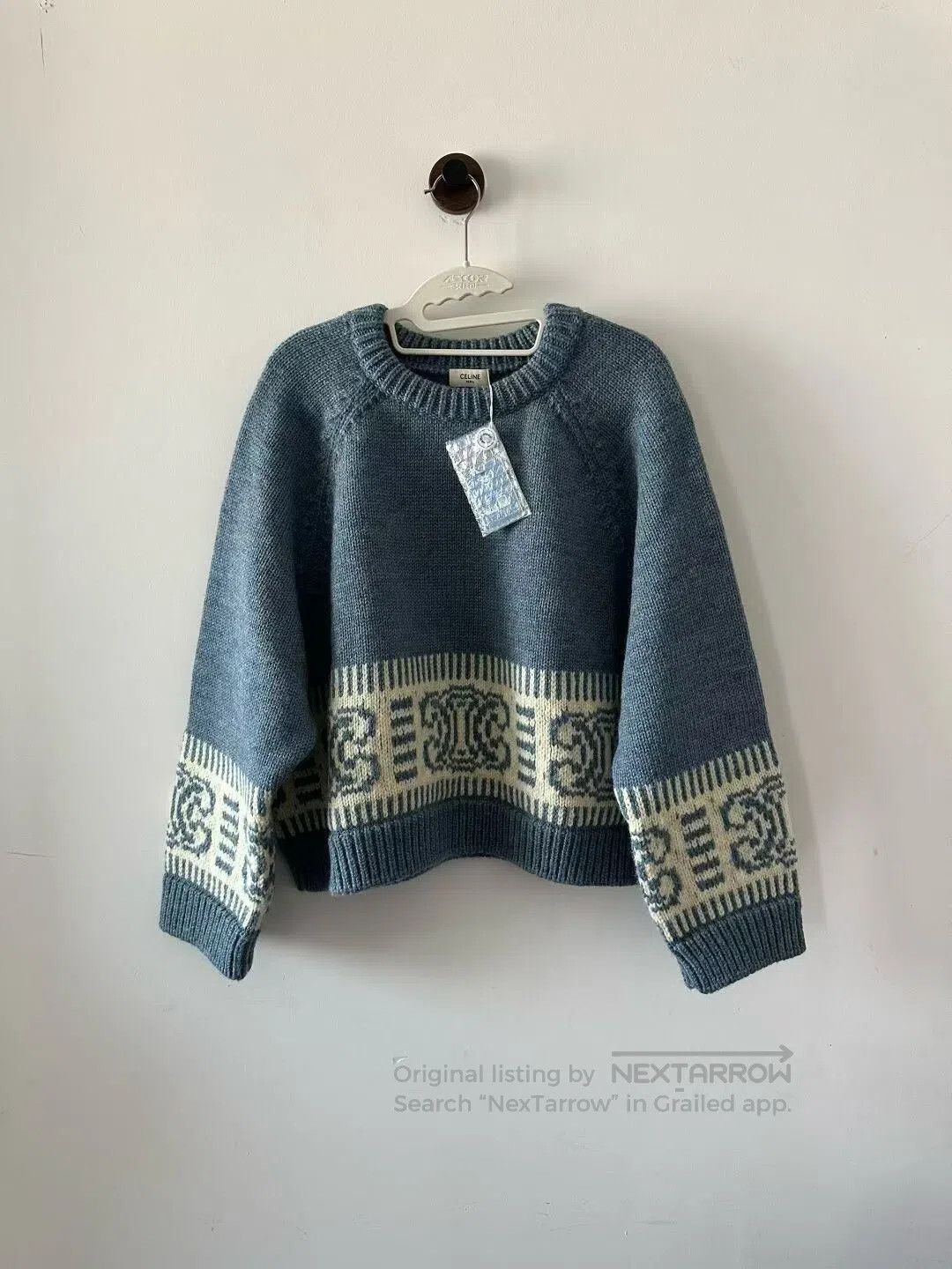 Celine CELINE Blue Hem Triomphe Logo Chanel-Style Sweater| Size L / US 10 / IT 46 - 1 Thumbnail