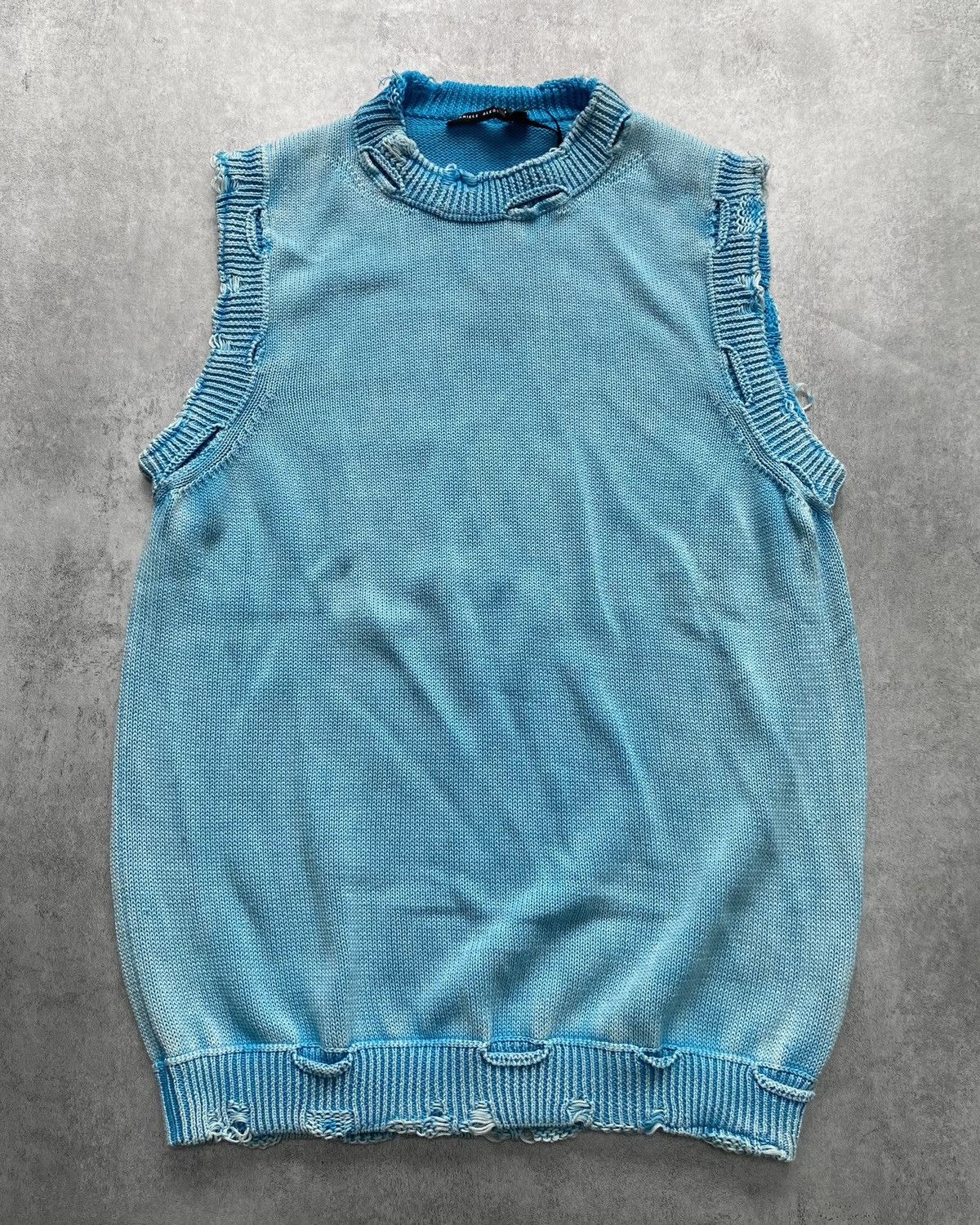 image of Daniele Alessandrini Destroyed Sleeveless Acid Blue Sweater, Men's (Size Medium)