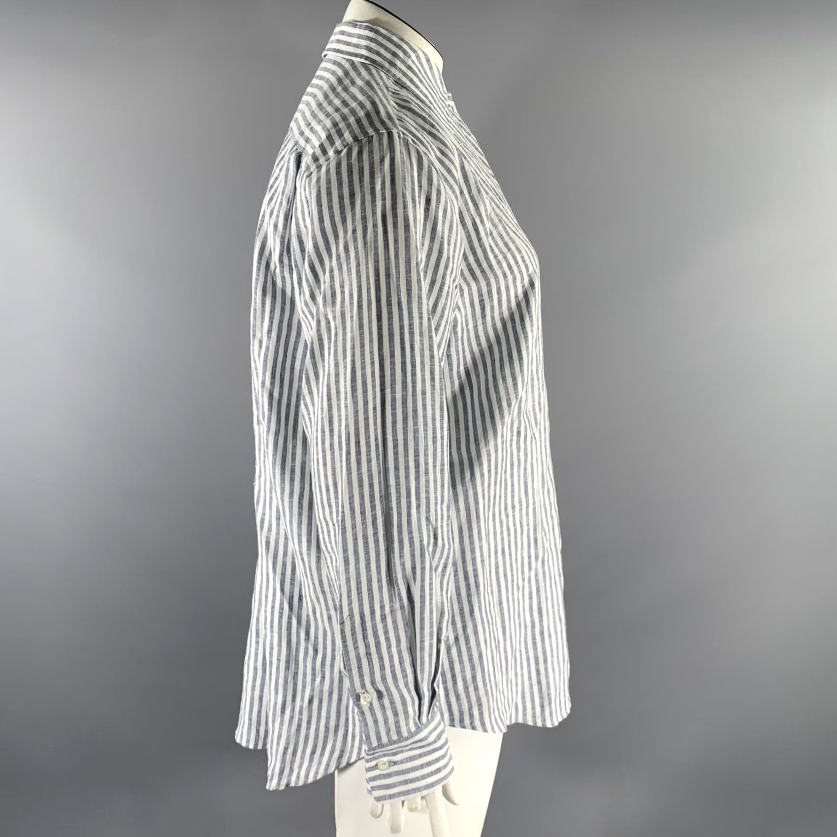 Loro Piana LORO PIANA Women Shirt Size 12 White Blue Flax Stripe Adult Size XL / US 12-14 / IT 48-50 - 2 Thumbnail