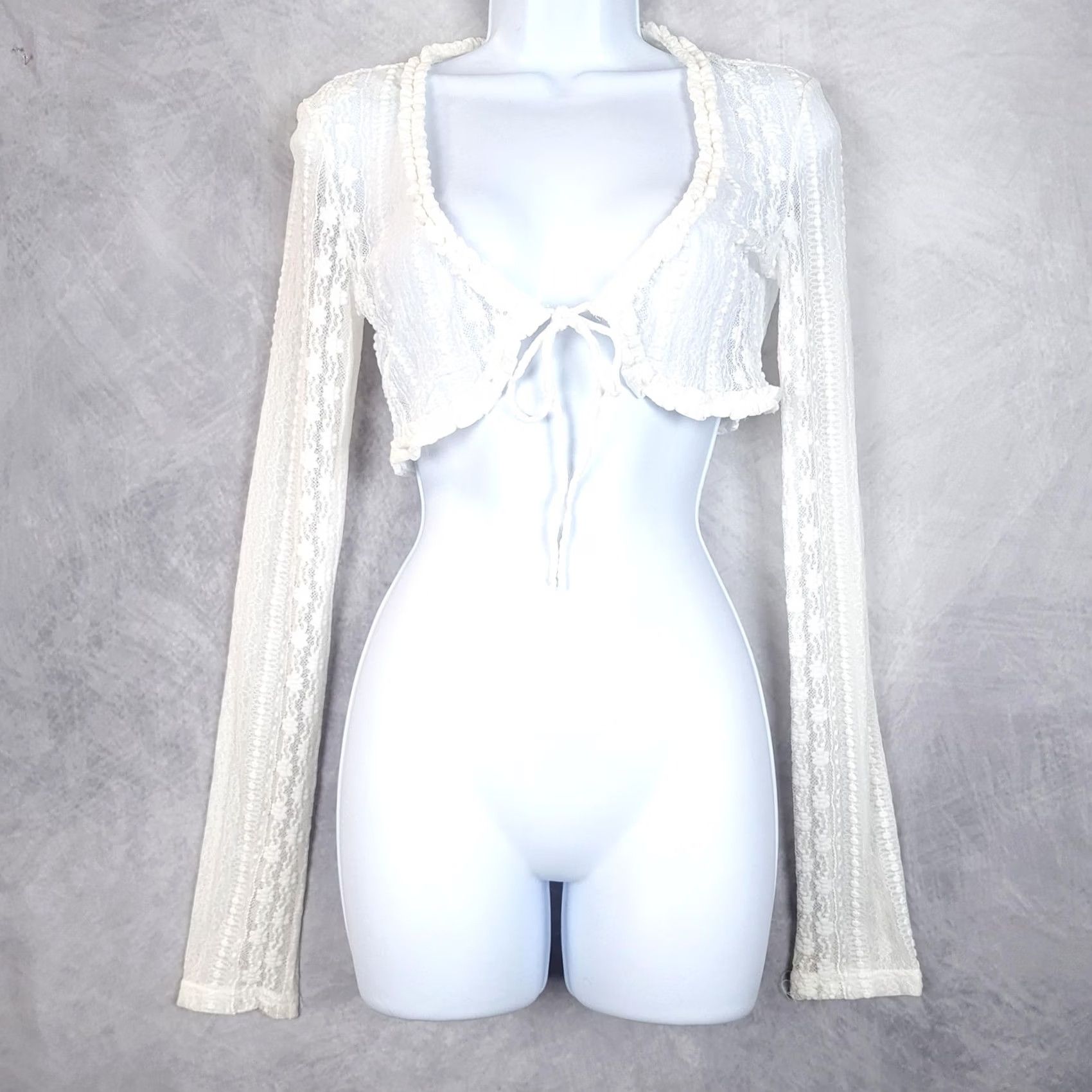 Vintage Tiger Mist Top Womens XS White Floral Lace Sheer Cropped Tie Front Size XS / US 0-2 / IT 36-38 - 2 Thumbnail