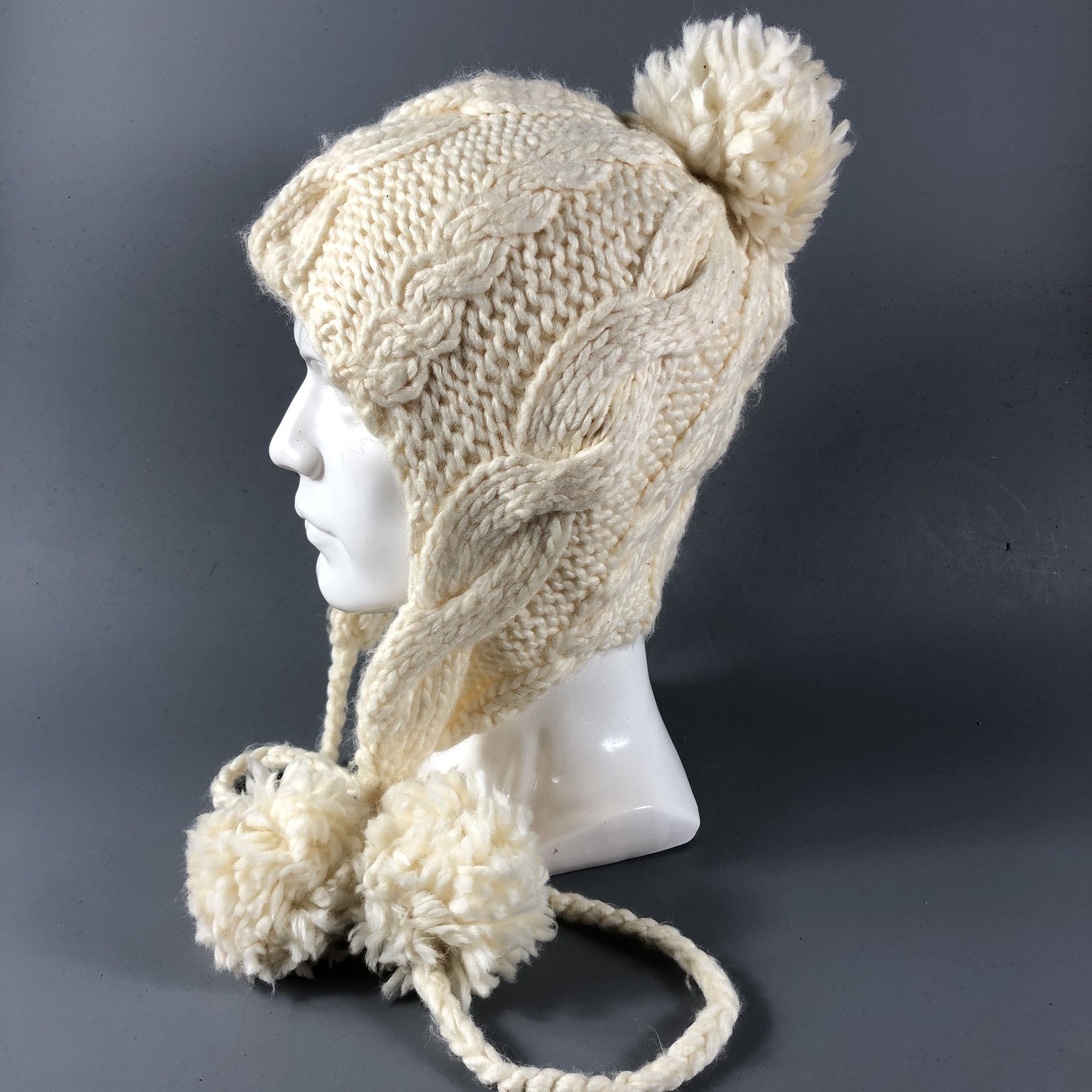 Japanese Brand Milsa Cable Knit Earflap Bobbles Beanie Snowcap B633 Size ONE SIZE - 1 Thumbnail