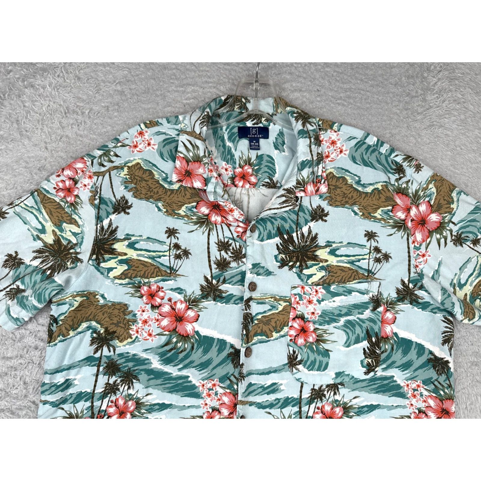 George George Shirt Men Medium Blue Pink Floral Island Button Up 100% Rayon Hawaiian Size US M / EU 48-50 / 2 - 4 Thumbnail
