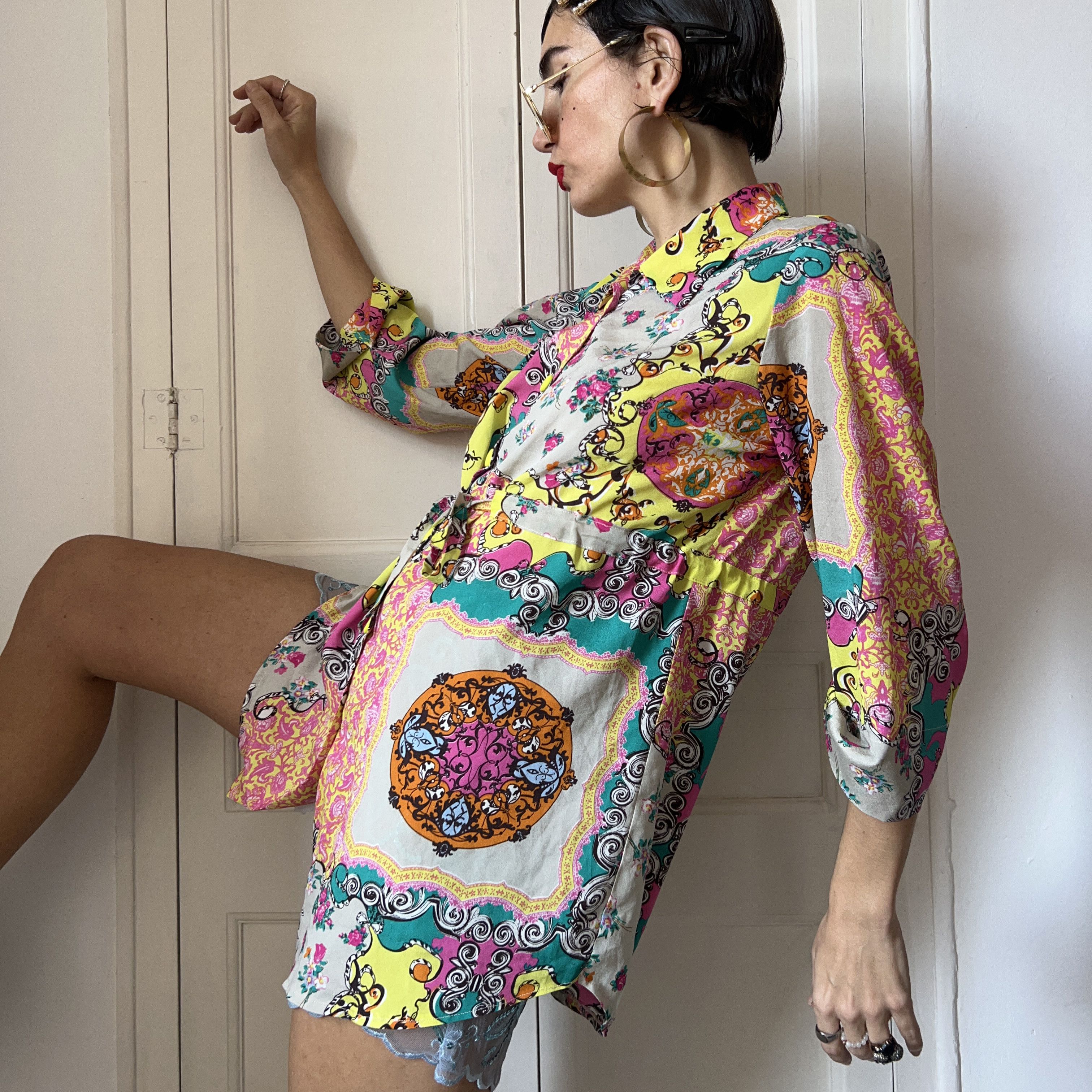 Vintage Y2K Baroque Print Shirt Dress Size L / US 10 / IT 46 - 7 Thumbnail