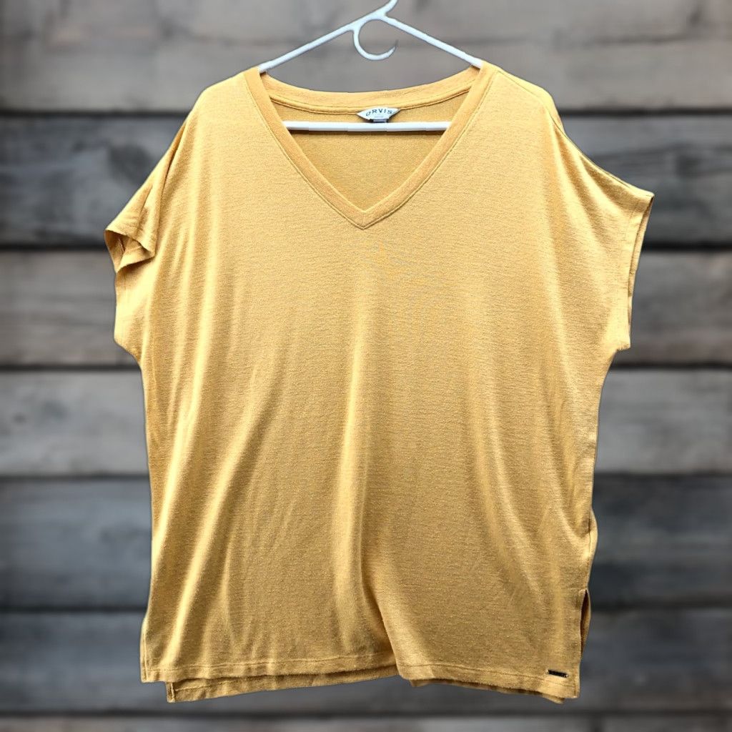 Orvis Orvis T-Shirt Shirt Womens XL Dolman Short Sleeve V-Neck Mustard Yellow Jersey Knit Size XL / US 12-14 / IT 48-50 - 1 Thumbnail