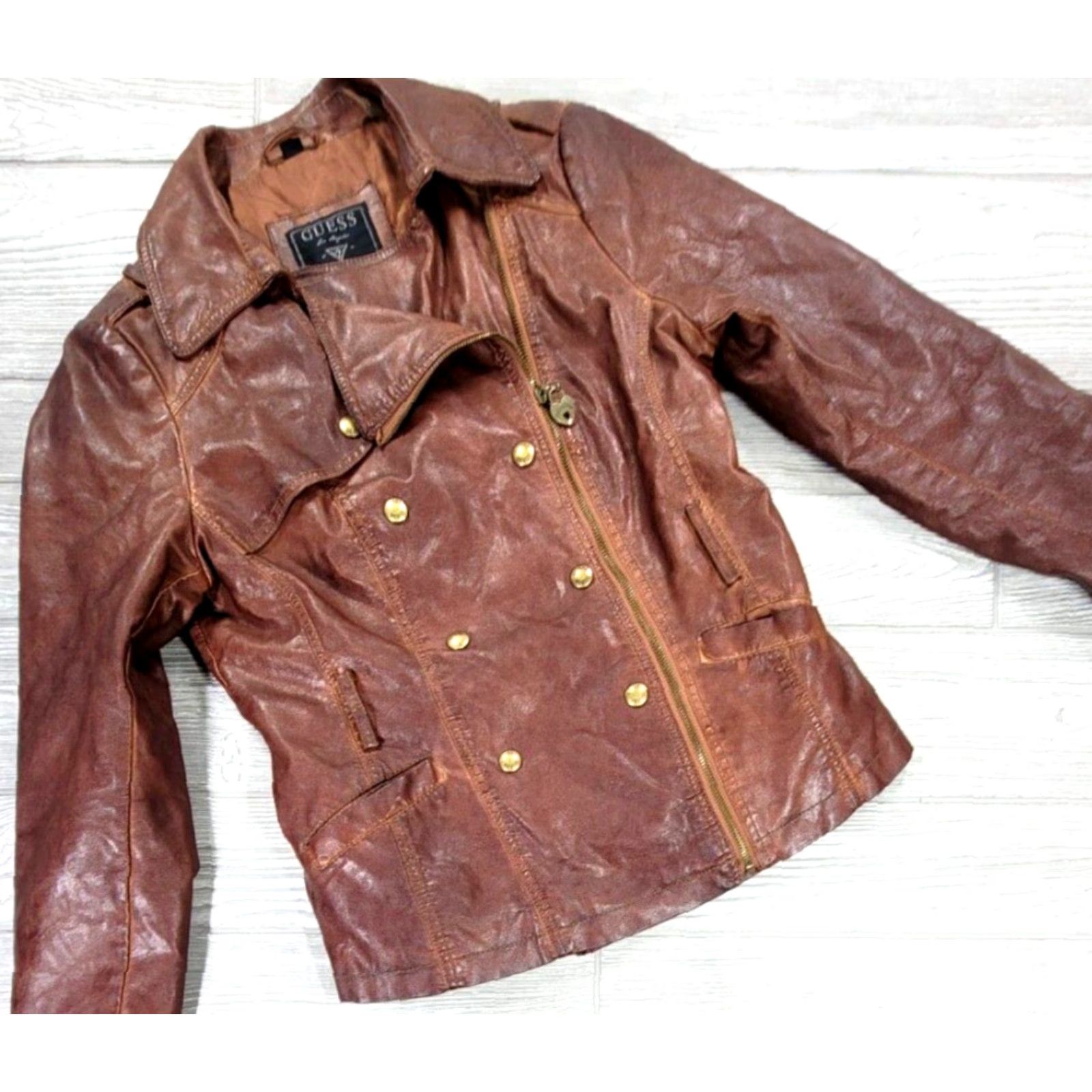 Guess GUESS Motorcycle Jacket Women Brown Full Zip Button Medium M Leather Look Size M / US 6-8 / IT 42-44 - 2 Thumbnail