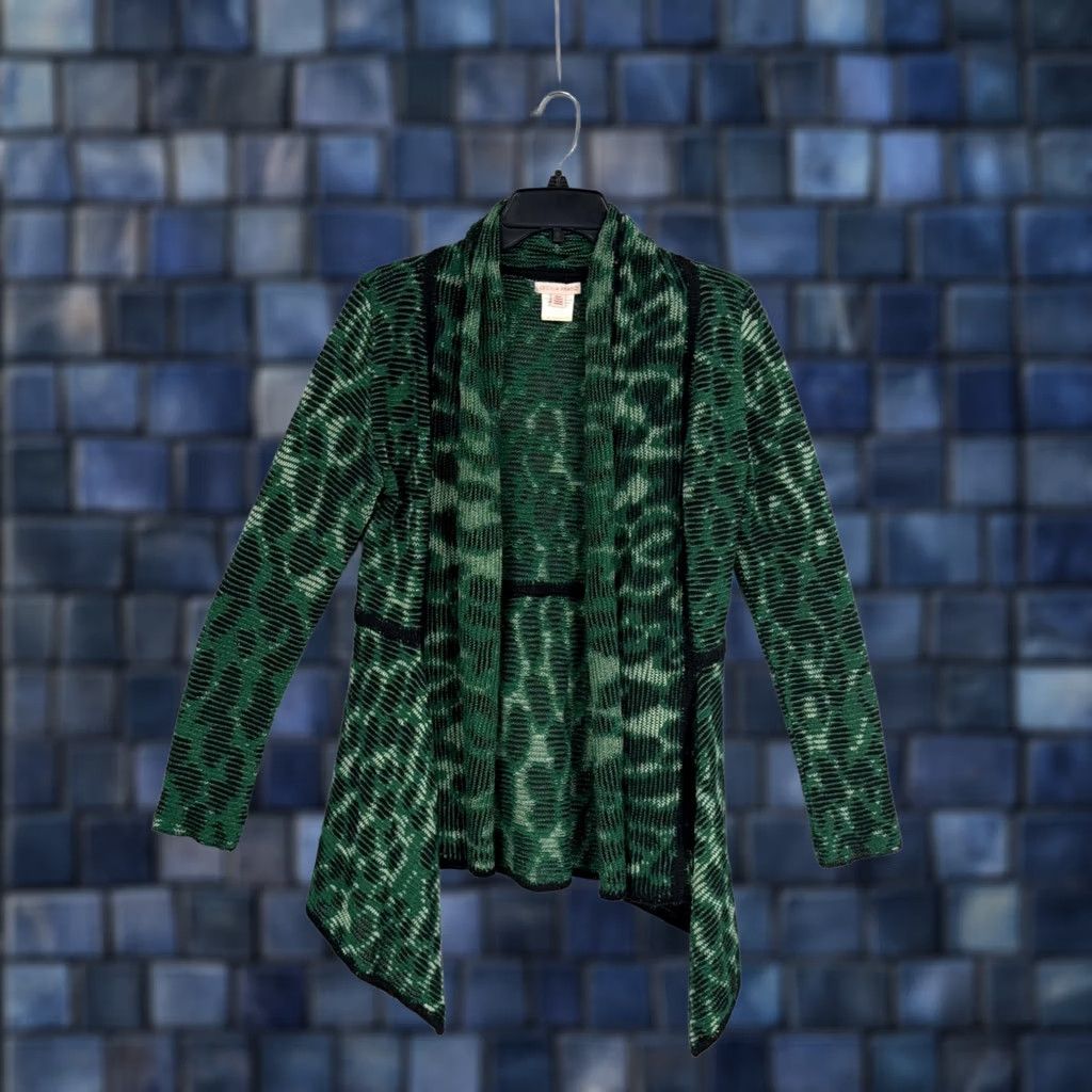 Vintage Cecilia Prado Sweater Womens Small Green Black Open Front Cardigan Knit Animal Print Bohemian Leopard Lightweight Casual Womens Size S / US 4 / IT 40 - 1 Thumbnail
