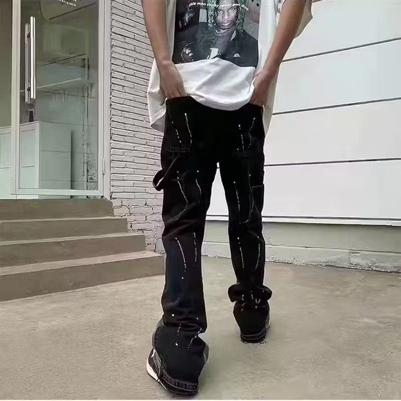 image of Splashing Ink Wide Leg Denim Flared Pants in Black, Men's (Size 29)