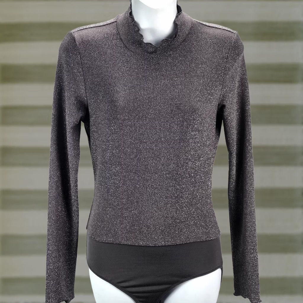 Vintage Altar'd State Body Suit S Gray Glitter Ruffles Mock turtleneck Long Sleeve Women Size S / US 4 / IT 40 - 1 Thumbnail