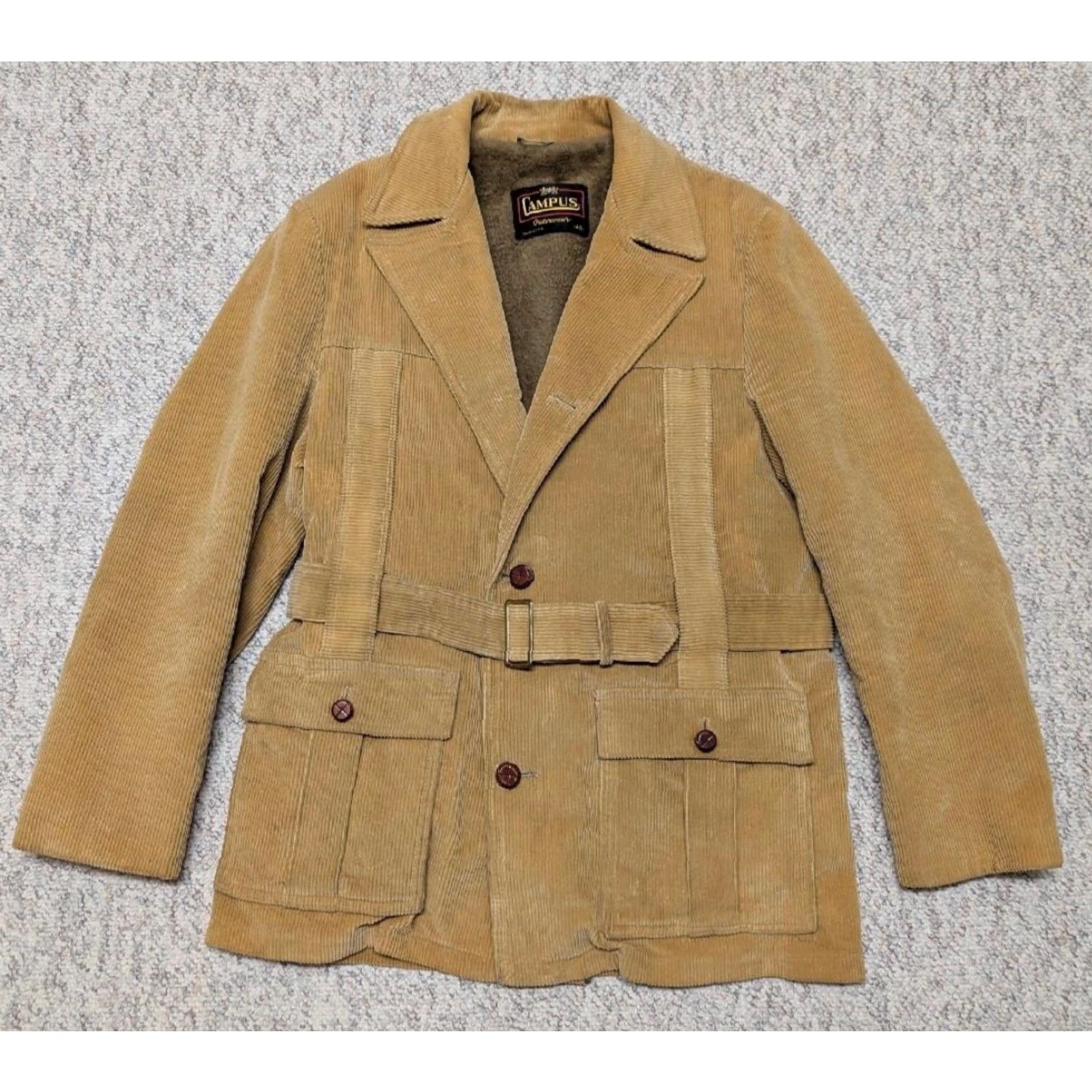 Vintage VINTAGE Campus Corduroy Coat - USA Made Belted Jacket Blazer - Mens M Brown 40 Chest 22" Pit - Golden Brown Overcoat Style Size 40R - 2 Thumbnail