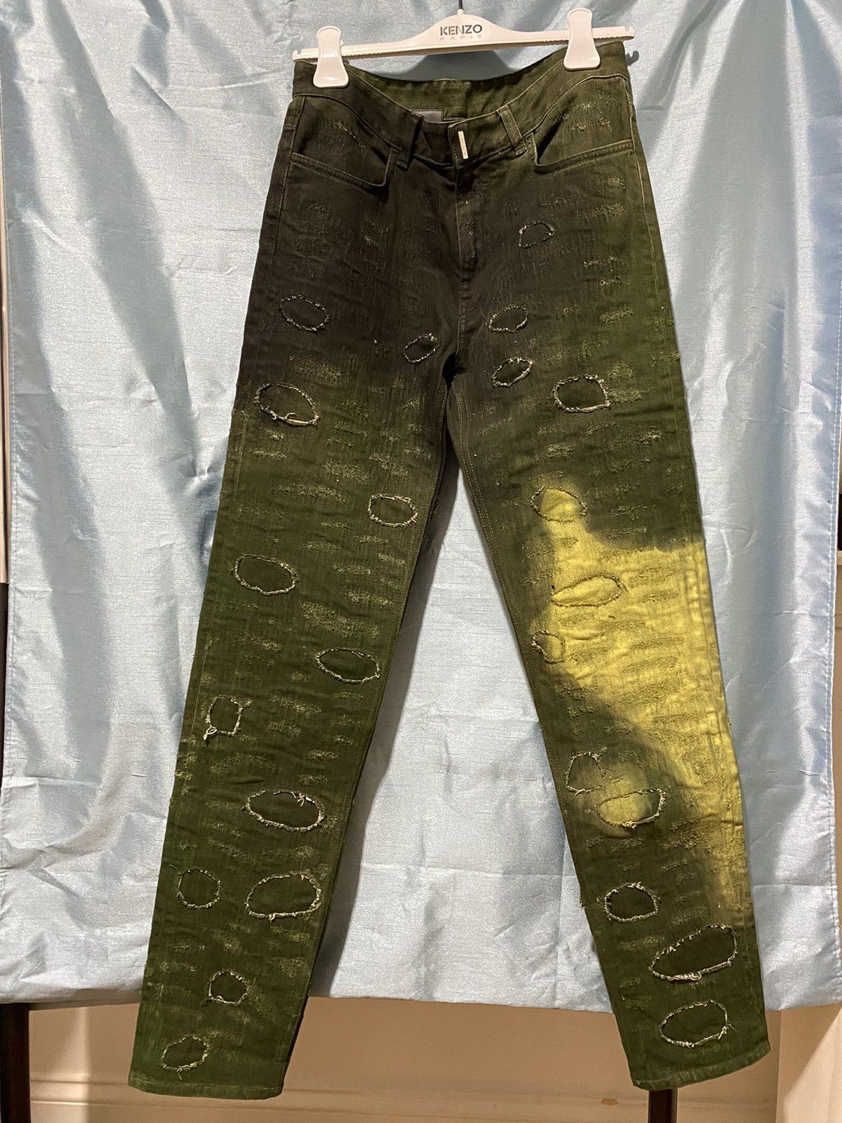 Image of Givenchy Distressed Green Slim-Fit Jeans, Men's (Size 30)