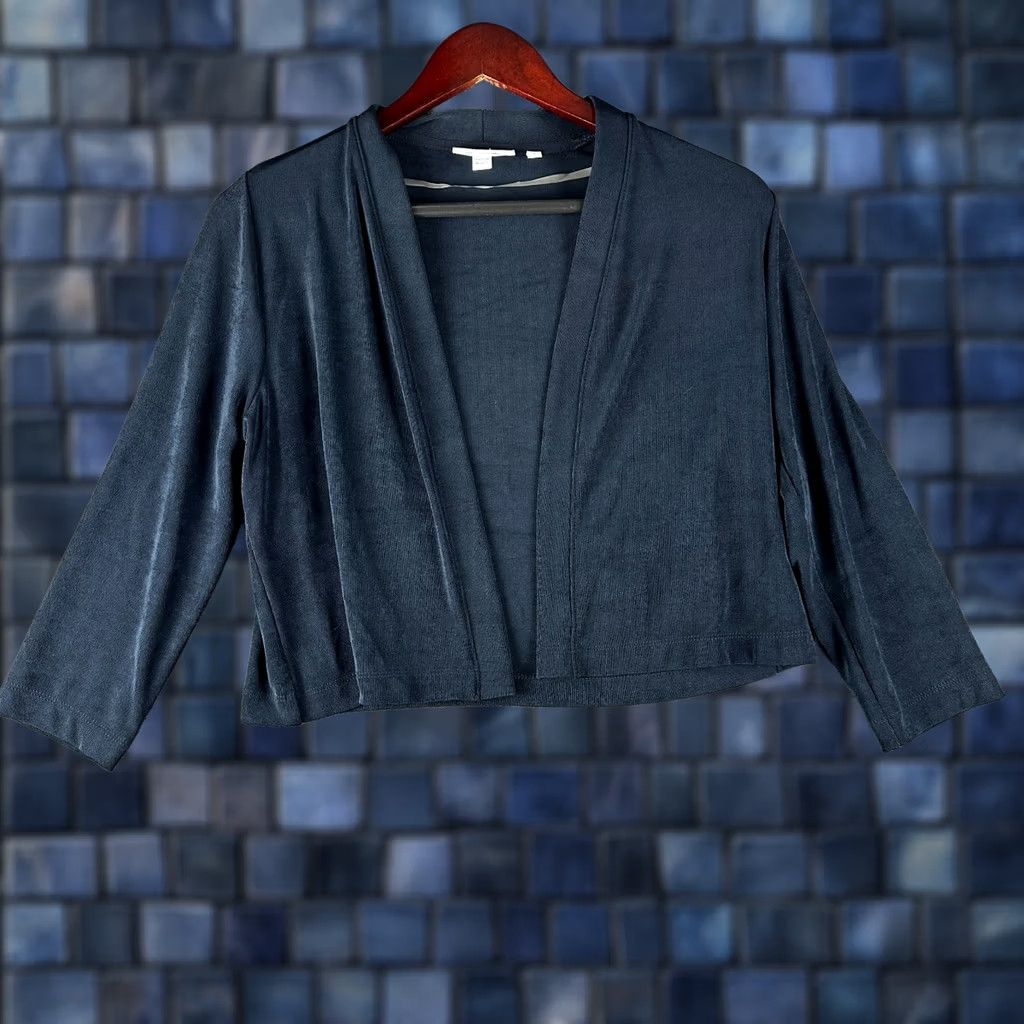 Vintage Chicos Cardigan Womens Small Navy Blue Stretch Knit Open Crop Short Cardigan Size S / US 4 / IT 40 - 1 Thumbnail