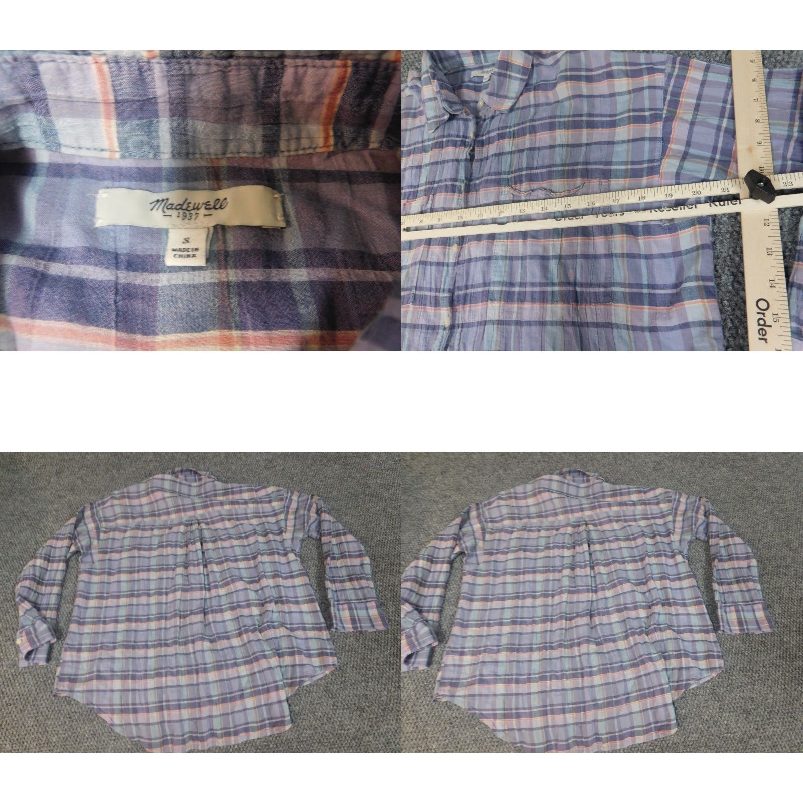 Madewell Madewell Womens Blouse Small Plaid Purple Button-Up Top Crew Neck Long Sleeve Casual Ruffle 100% Cotton Regular Women's Shirt Size S / US 4 / IT 40 - 8 Thumbnail