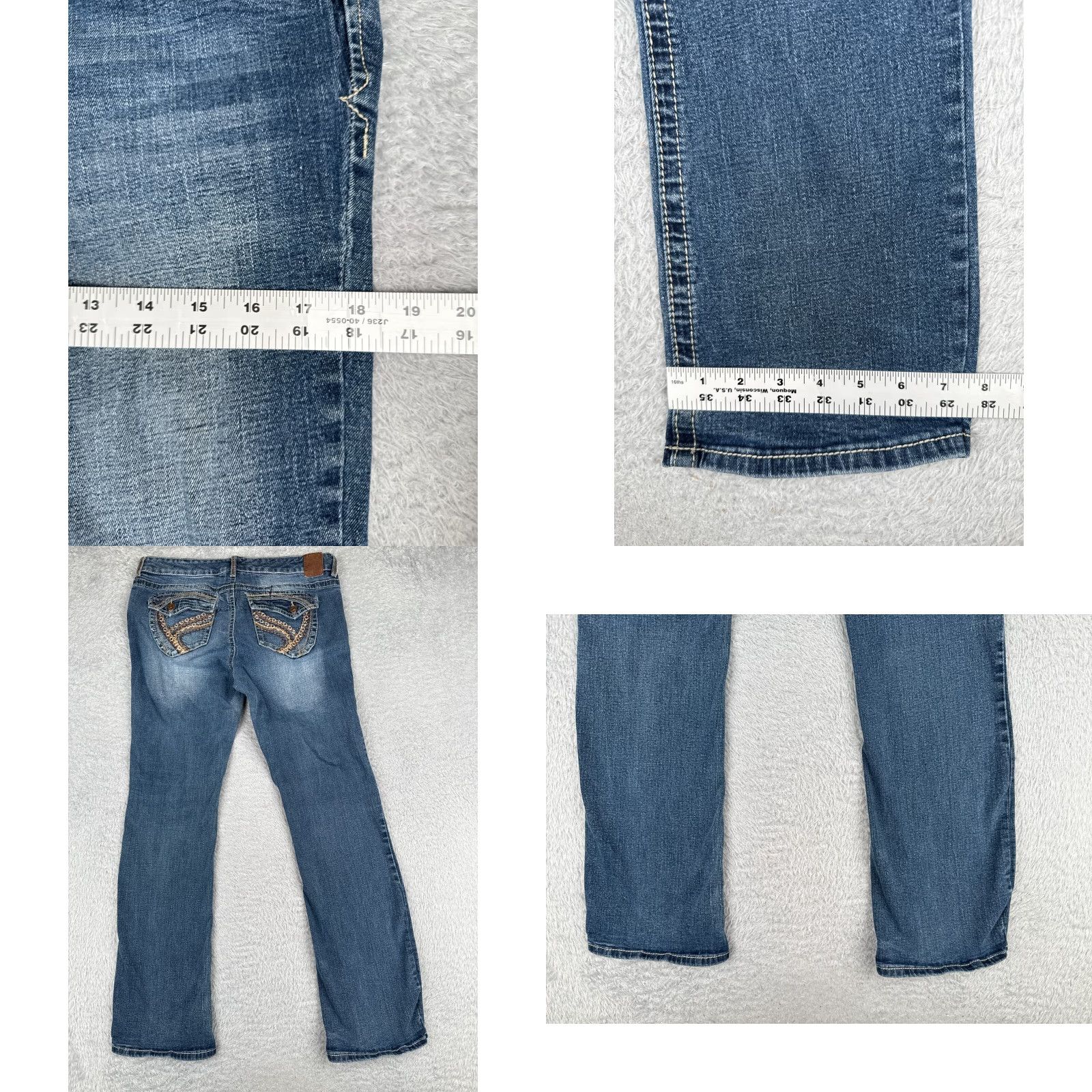 Denime Ariya Jeans Pants Juniors 15 Blue Denim Flared Mid Rise 32x31 Embroidered Distressed Stretch Cotton Size 36" / US 14 / IT 50 - 9 Thumbnail