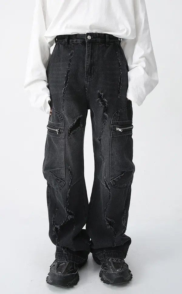 VIBE Baggy Ripped Jeans Frayed Zipper Pockets cargo Pants Hip-hop Size US 32 / EU 48 - 1 Thumbnail