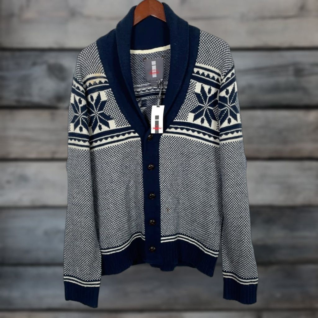 Vintage i jeans by Buffalo Cardigan Sweater Men's Large Blue Geometric Knit Shawl Collar Casual Retro Size US L / EU 52-54 / 3 - 1 Thumbnail