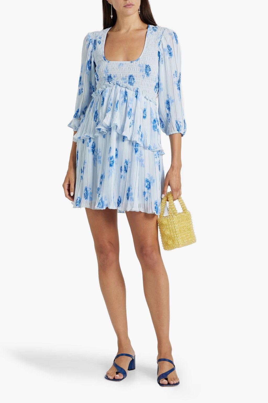 Ganni GANNI Shirred Floral-print Crepe de chine Mini Dress Blue Size XS / US 0-2 / IT 36-38 - 2 Thumbnail