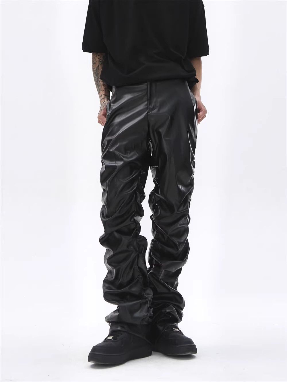 Japanese Brand × Vintage Men's hip-hop loose casual punk pleated PU leather pants Size US 32 / EU 48 - 2 Thumbnail