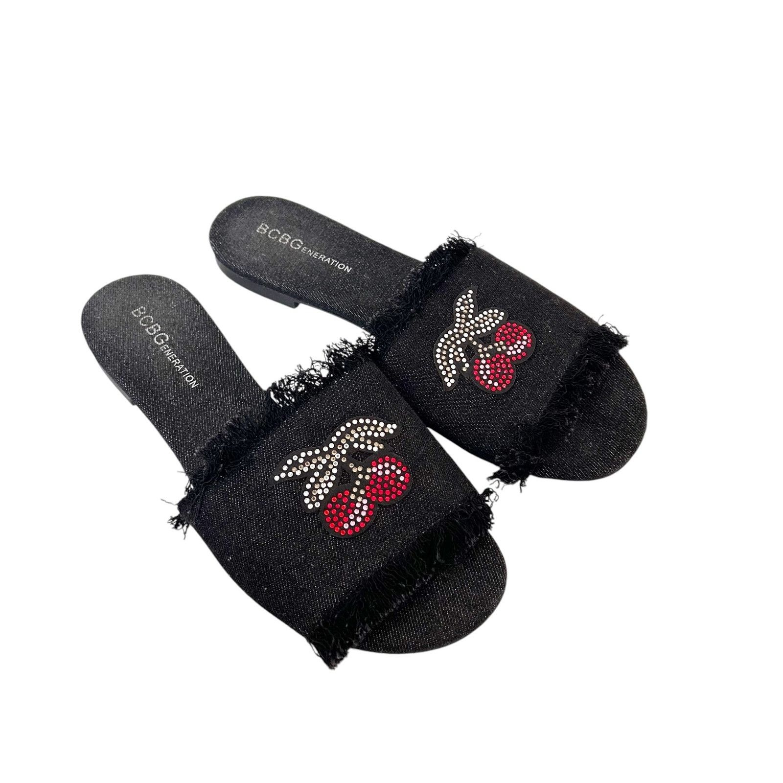 Other BCBGeneration Black Cherry Beaded Denim Fringe Slides Sz 6.5 Size US 6.5 / IT 36.5 - 5 Thumbnail