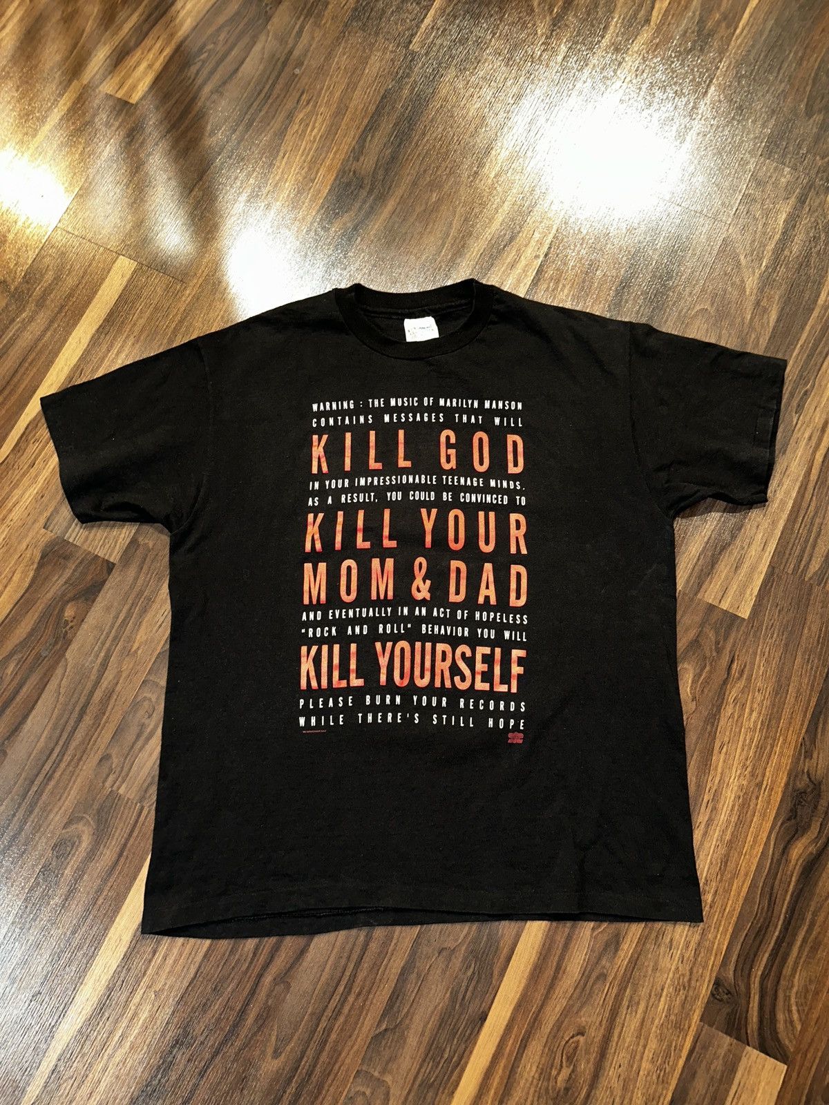 image of Rock T Shirt x Vintage VTG 1994 Marilyn Manson Kill God Kll Yourself Graphic Tee in Black (Size XL)