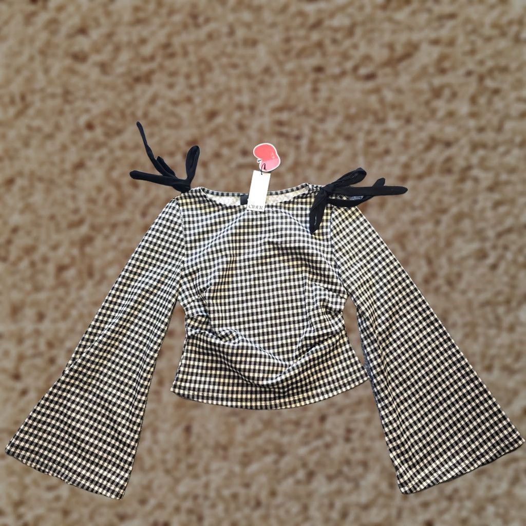 Cider Cider Top Womens Size M Black White Gingham Plaid Flare Sleeve Bows Casual Shirt Size M / US 6-8 / IT 42-44 - 1 Thumbnail