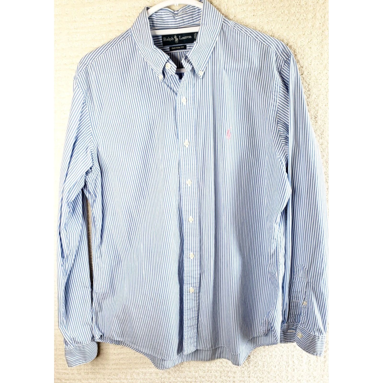 Ralph Lauren VINTAGE Ralph Lauren Dress Shirt Blue Striped Embroidered Pony Custom Fit Men's L Long Sleeve Button-Down Collar Shirt Size 42R - 2 Thumbnail