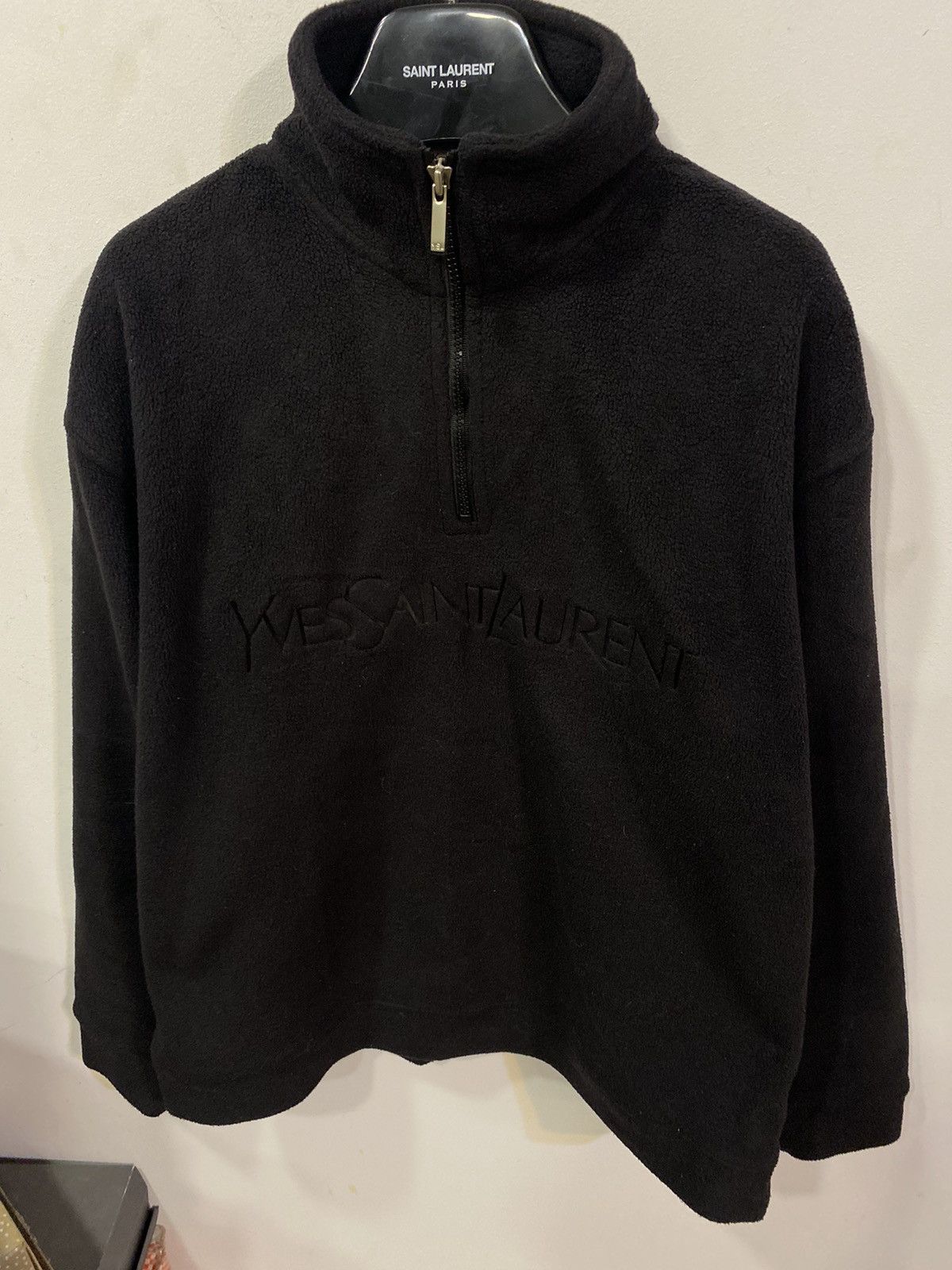 Yves Saint Laurent Fleece Black YSL Sweatshirt 1/4 Quarter Zip Big Logo Sweater Size US L / EU 52-54 / 3 - 18 Thumbnail