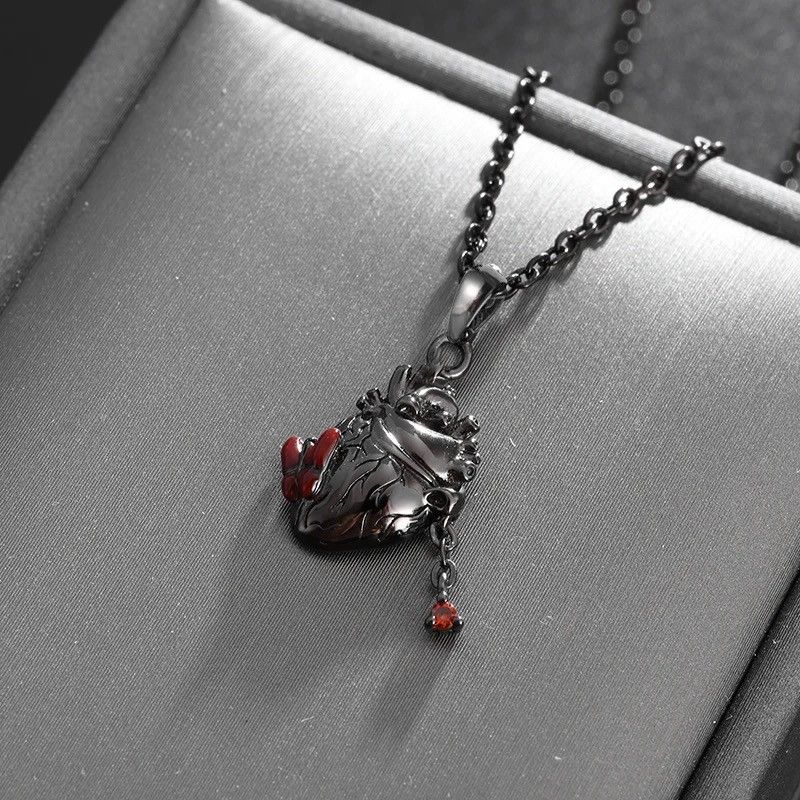 Jewelry Black Anatomical Red Zircon Heart Pendant Necklace Size ONE SIZE - 2 Thumbnail