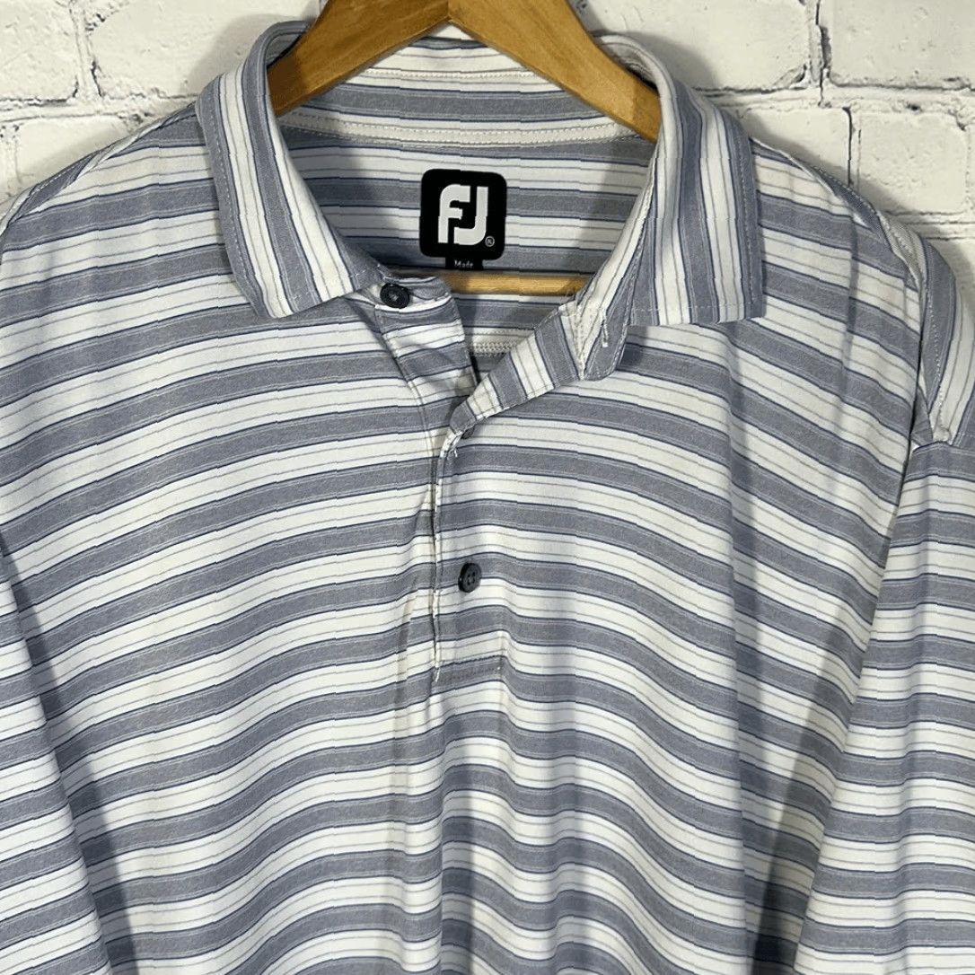 Footjoy FootJoy Polo Mens XL Striped Gray Blue Lisle Golf Stoneleigh on Sleeve Size US XL / EU 56 / 4 - 3 Thumbnail
