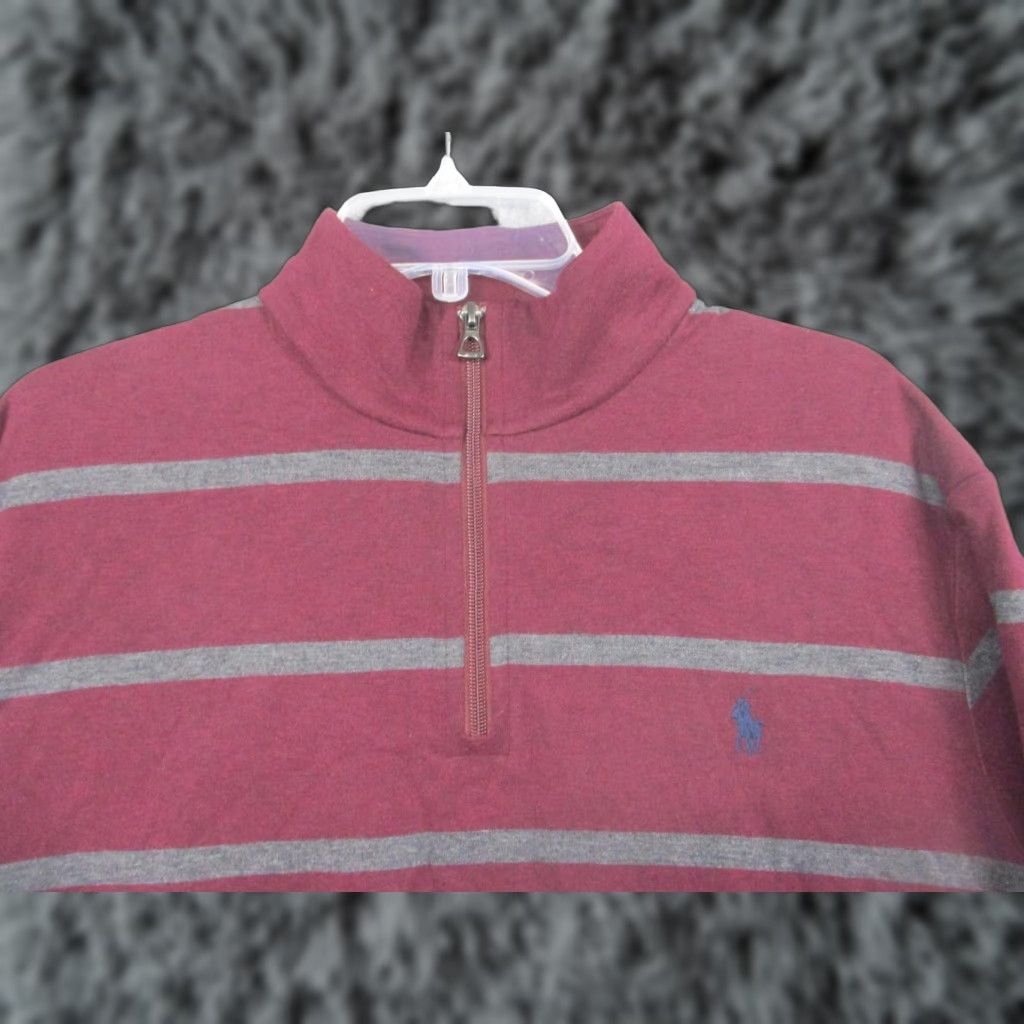 Polo Ralph Lauren VINTAGE Polo Ralph Lauren Sweater Mens Large Burgundy Gray Stripe Quarter Zip Pullover Size US L / EU 52-54 / 3 - 1 Thumbnail