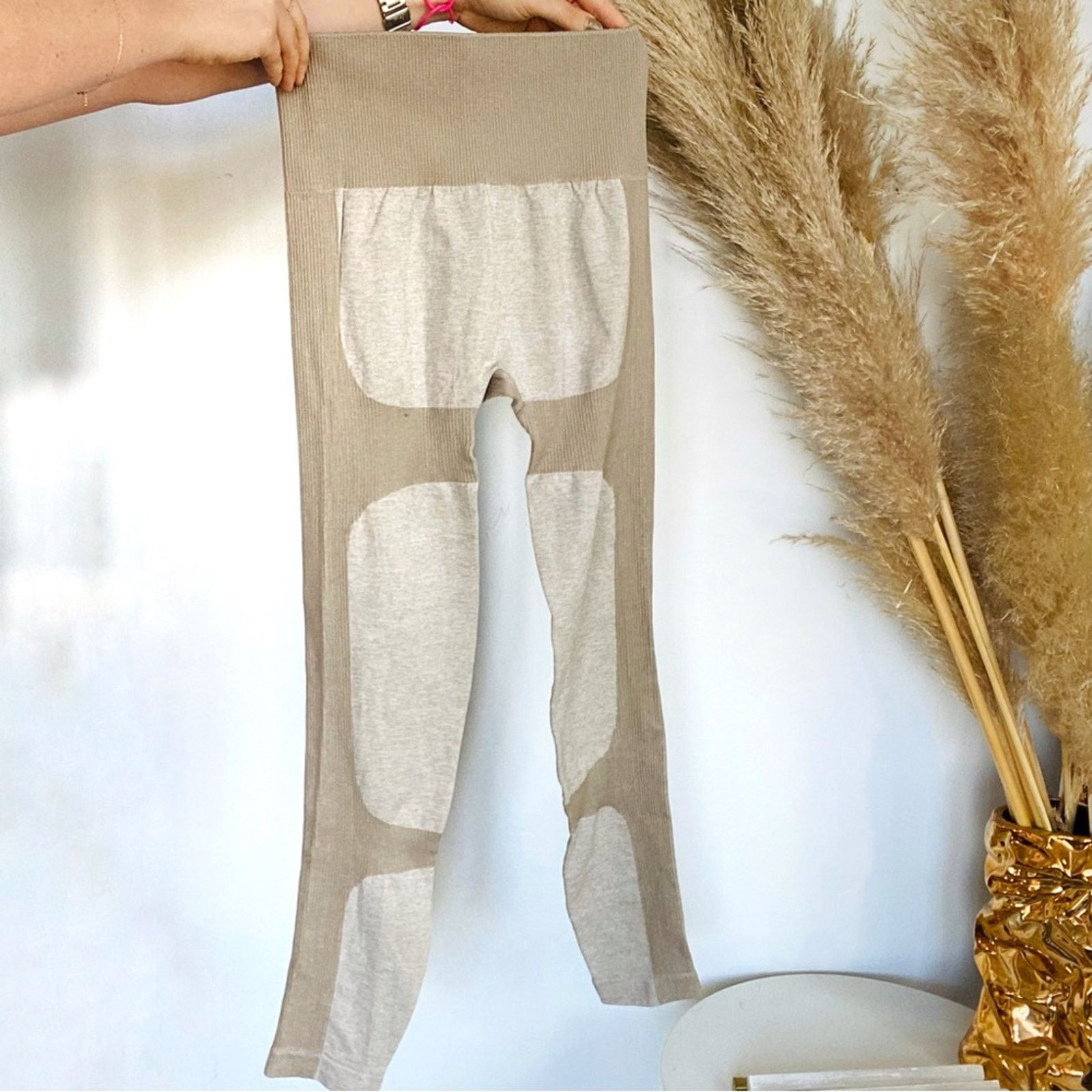 Nine One Seven NEW Tan Cream Beige Colorblock Stripe Ribbed Knit Leggings Size 30" / US 8 / IT 44 - 10 Thumbnail