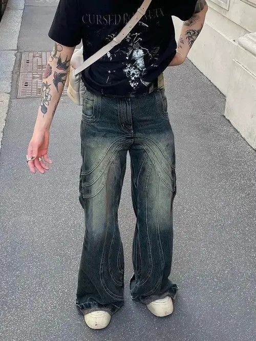 image of Vintage Baggy Retro Jeans Casual Loose Hip-Hop Y2K Wide Leg Trousers in Blue, Men's (Size 32)