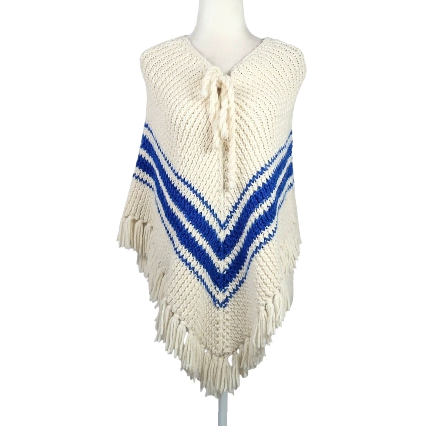 Vintage VINTAGE Cream and Blue Stripe Knit Poncho Sweater Fringe Trim Womens M Pullover Knit Acrylic Bohemian Hippie 70s Size M / US 6-8 / IT 42-44 - 2 Thumbnail