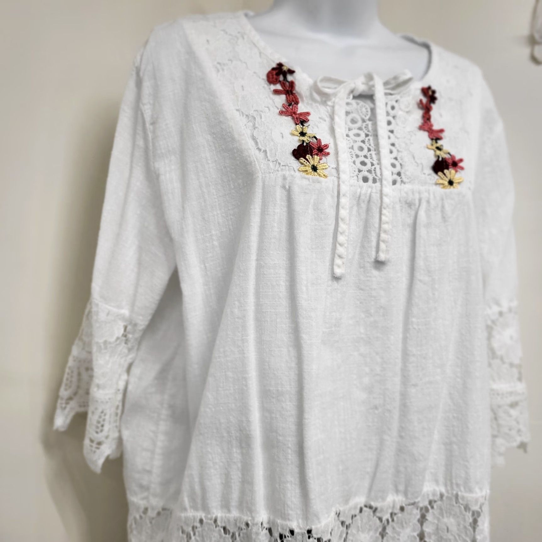 Vintage Embroidery Boho Linen Tops Shirt Womens XXL Bohemian Floral Embroidered Blouses Hippie Size XXL / US 16-18 / IT 52-54 - 3 Thumbnail