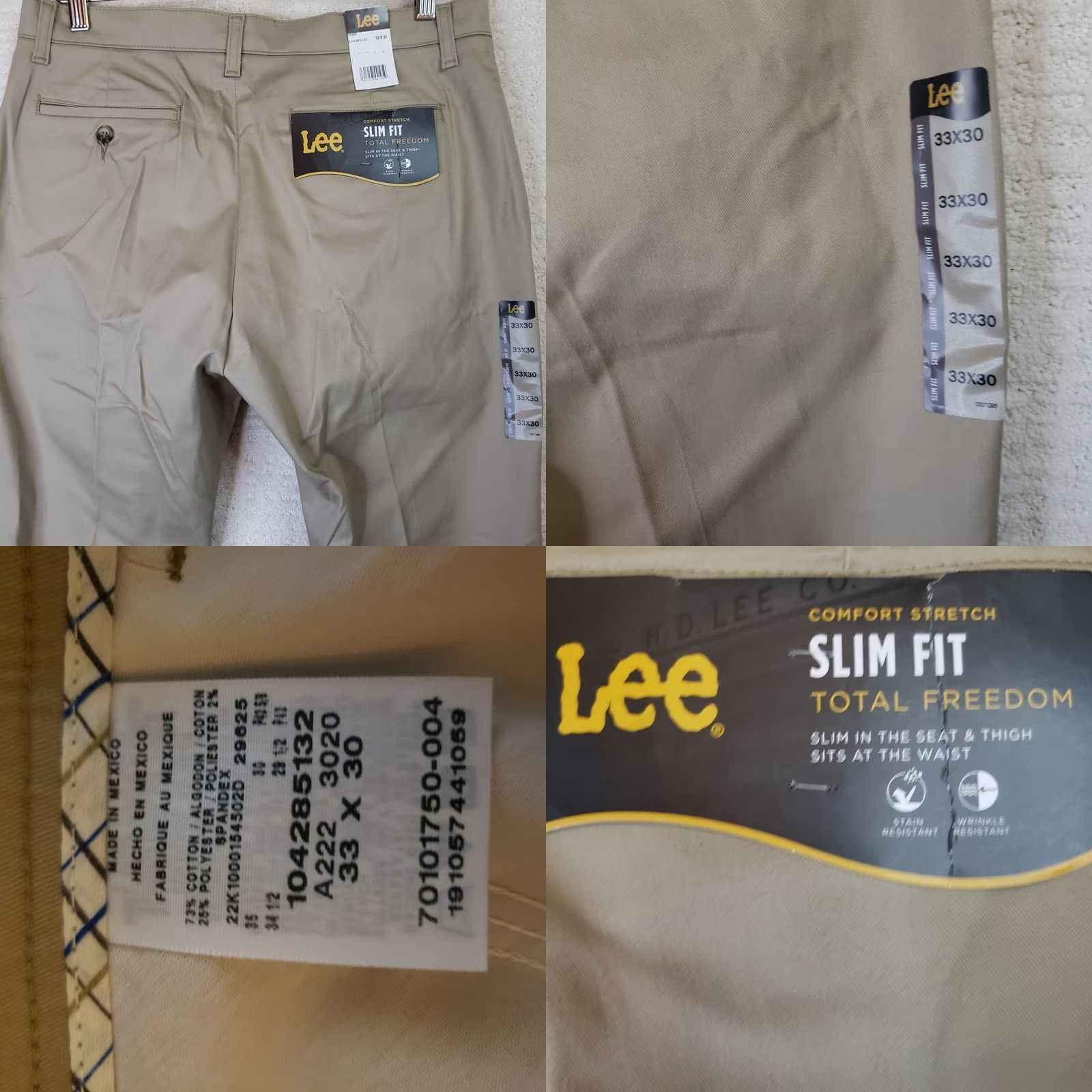 Lee Lee Comfort Stretch Slim Total Freedom Khaki Pants MEN'S 33x30 Slim Fit NWT Size US 33 - 8 Thumbnail