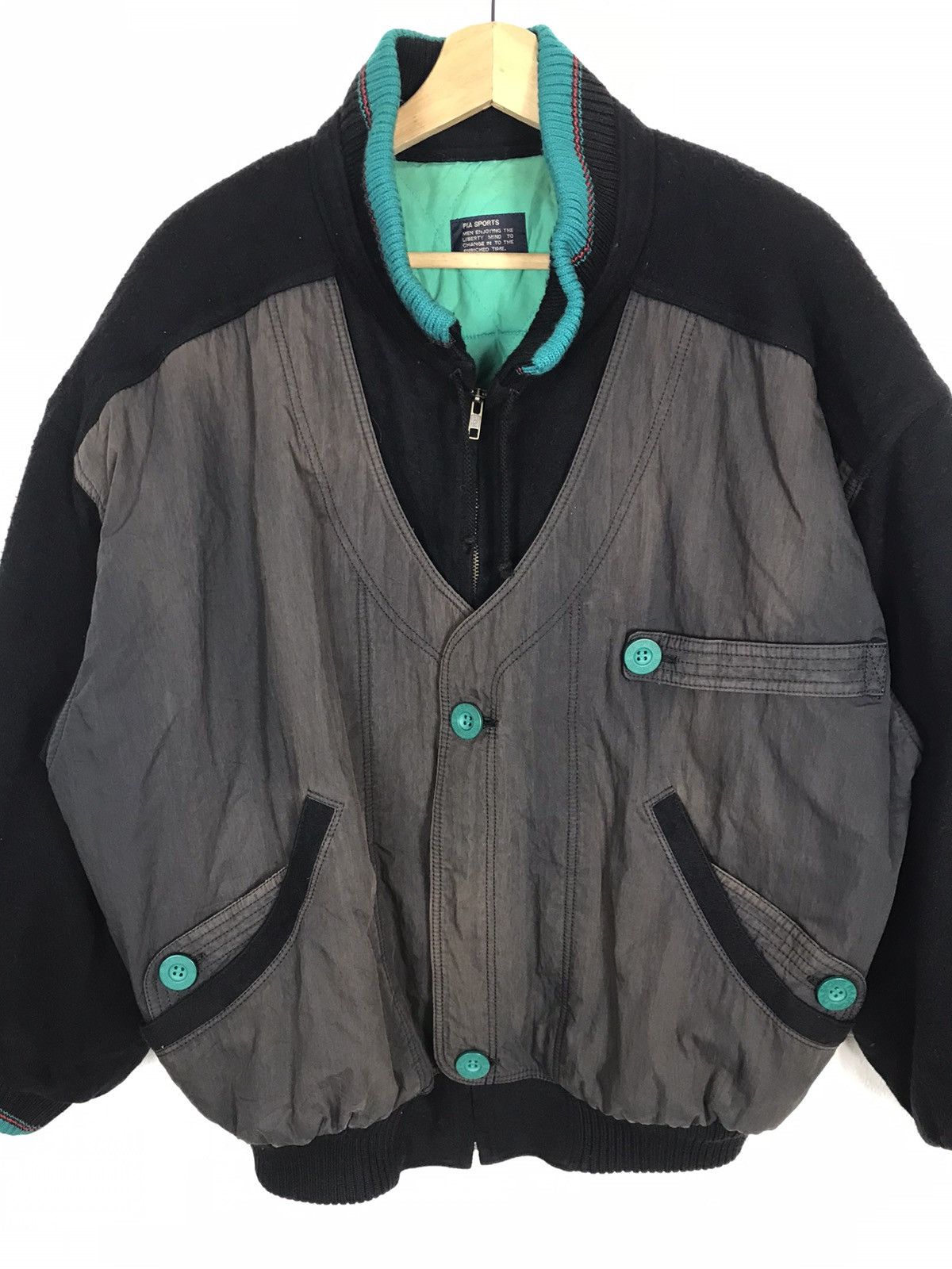 Japanese Brand × Vintage Vintage Pia Sports Black Nylon Wool Bomber Jacket Size US XXL / EU 58 / 5 - 2 Thumbnail