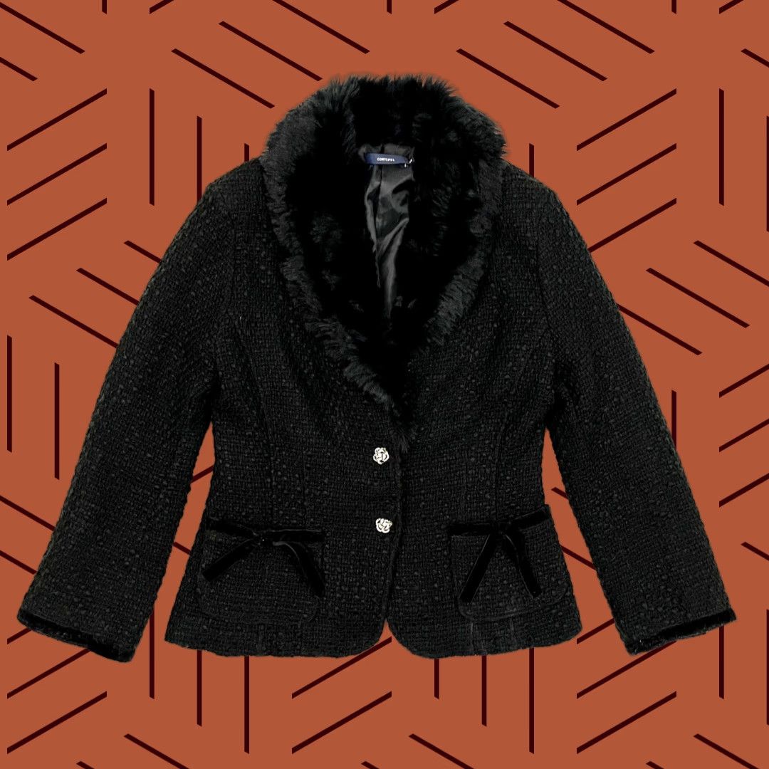 Cortefiel Jacket Womens 46 Black Tweed Wool Faux Fur Shawl Accent Bow Evening Chic Y2K
