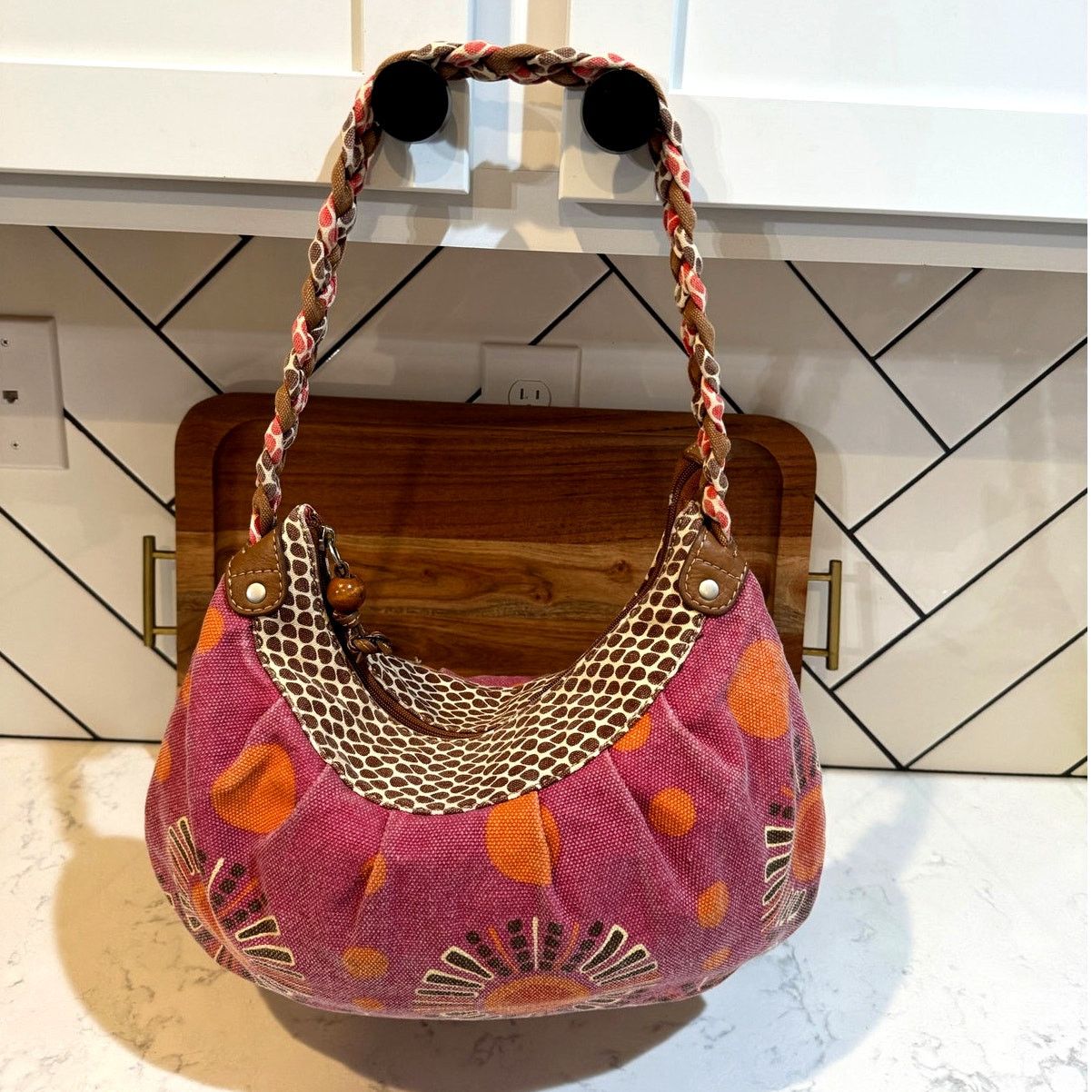 Guess vintage Fossil Canvas Hobo Bag abstract orange brown floral Size ONE SIZE - 2 Thumbnail