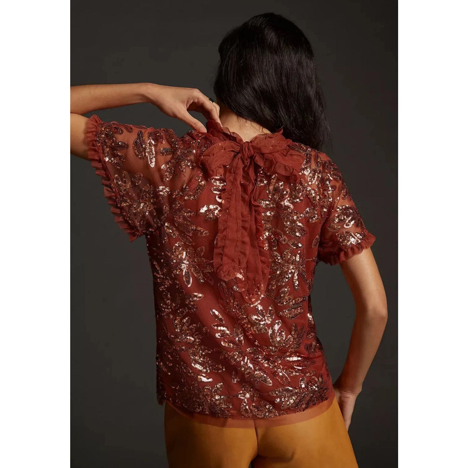 Anthropologie NWOT Anthropologie Burnt Orange Cut-out Sequin Top Sz S Size S / US 4 / IT 40 - 2 Thumbnail