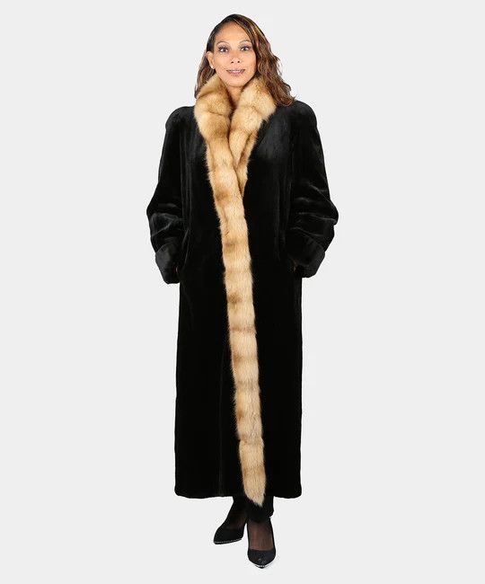 image of Women's Black Sheared Mink Fur Coat With Golden Fox Collar