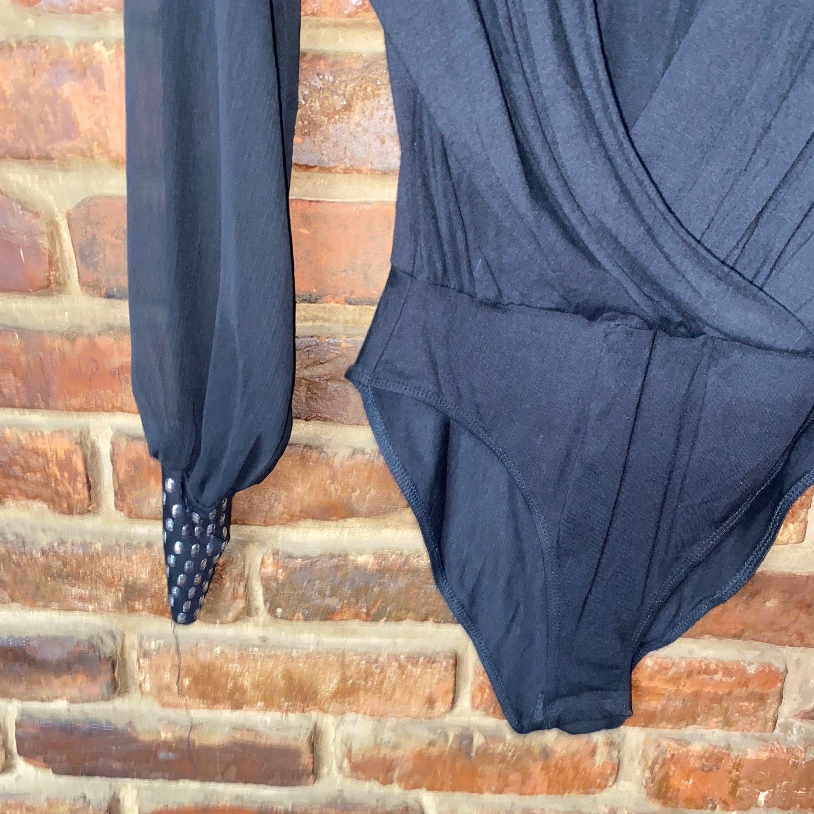 Asos ASOS Black Studded Stud Cuff Surplice Faux Wrap Bodysuit 6 Size M / US 6-8 / IT 42-44 - 3 Thumbnail